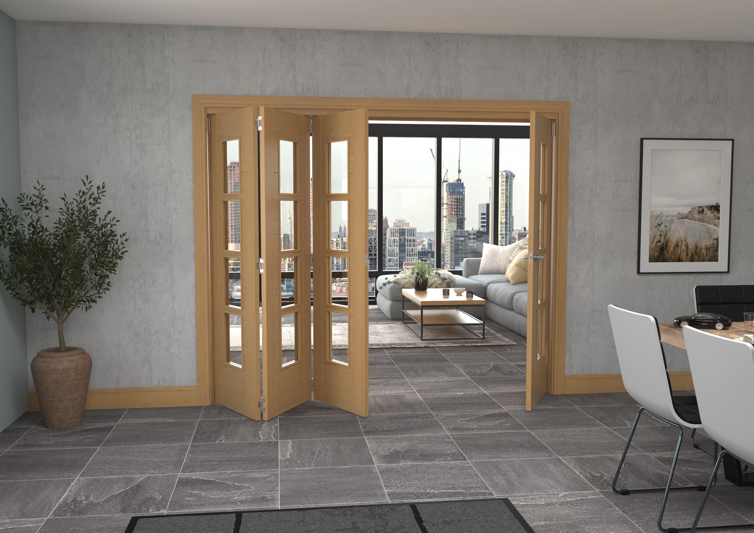Iseo Oak 4 Light Clear 4 Door Roomfold Grande (3 + 1 x 610mm Doors)