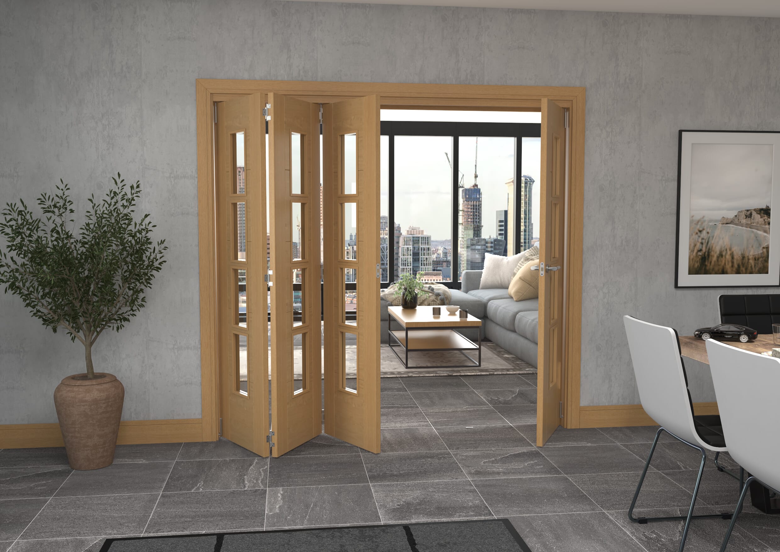 Iseo Oak 4 Light Clear 4 Door Roomfold Grande (3 + 1 x 533mm Doors)