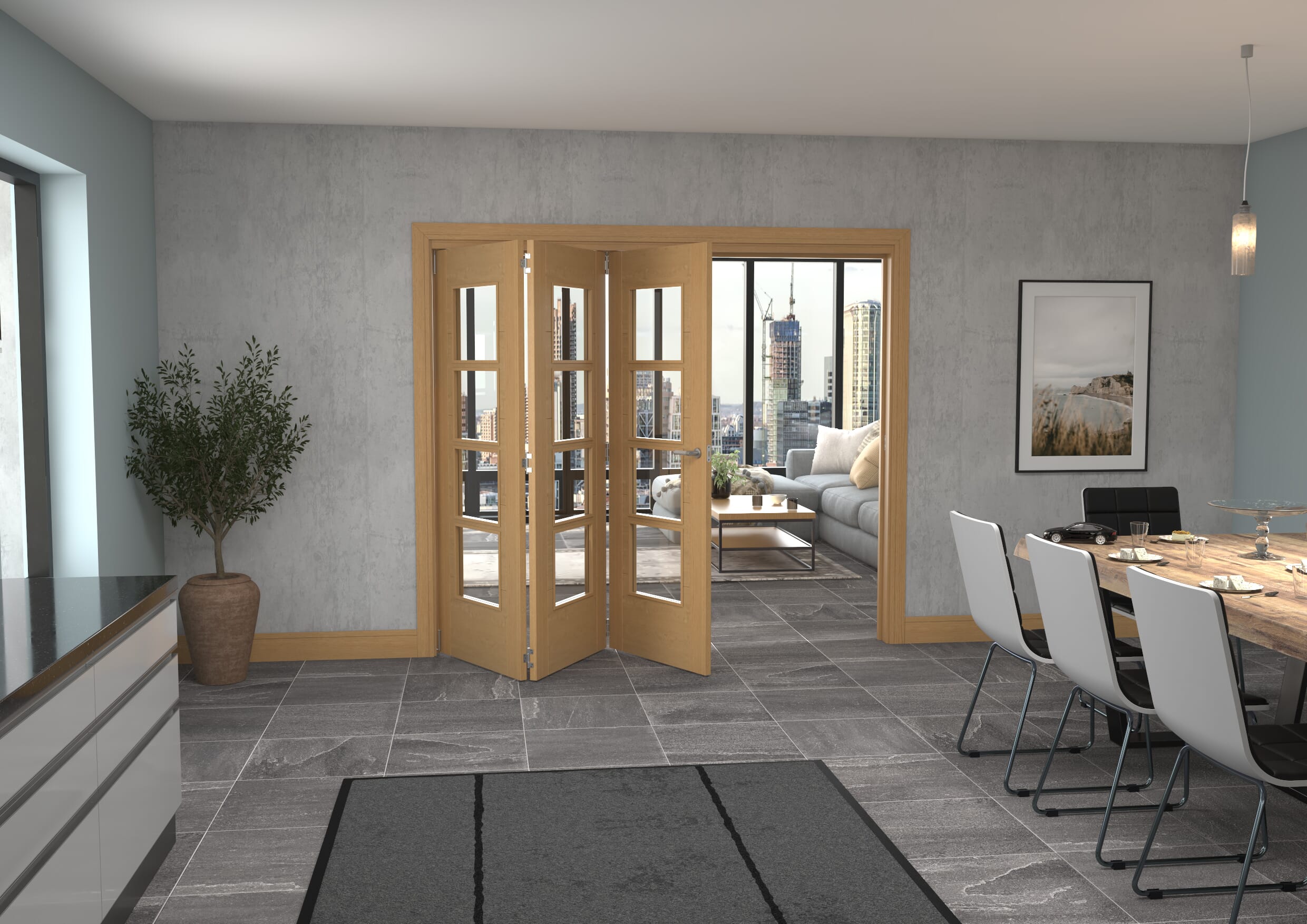 Iseo Oak 4 Light Clear 3 Door Roomfold Grande (3 + 0 x 762mm Doors)