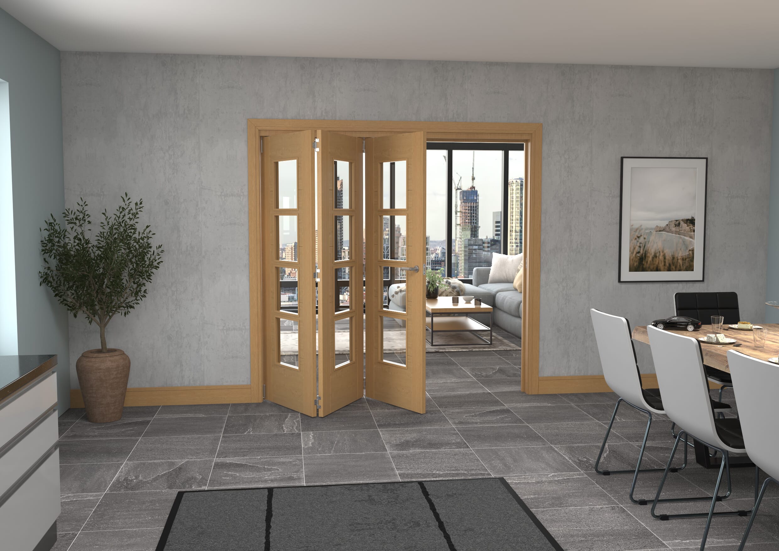 Iseo Oak 4 Light Clear 3 Door Roomfold Grande (3 + 0 x 686mm Doors)