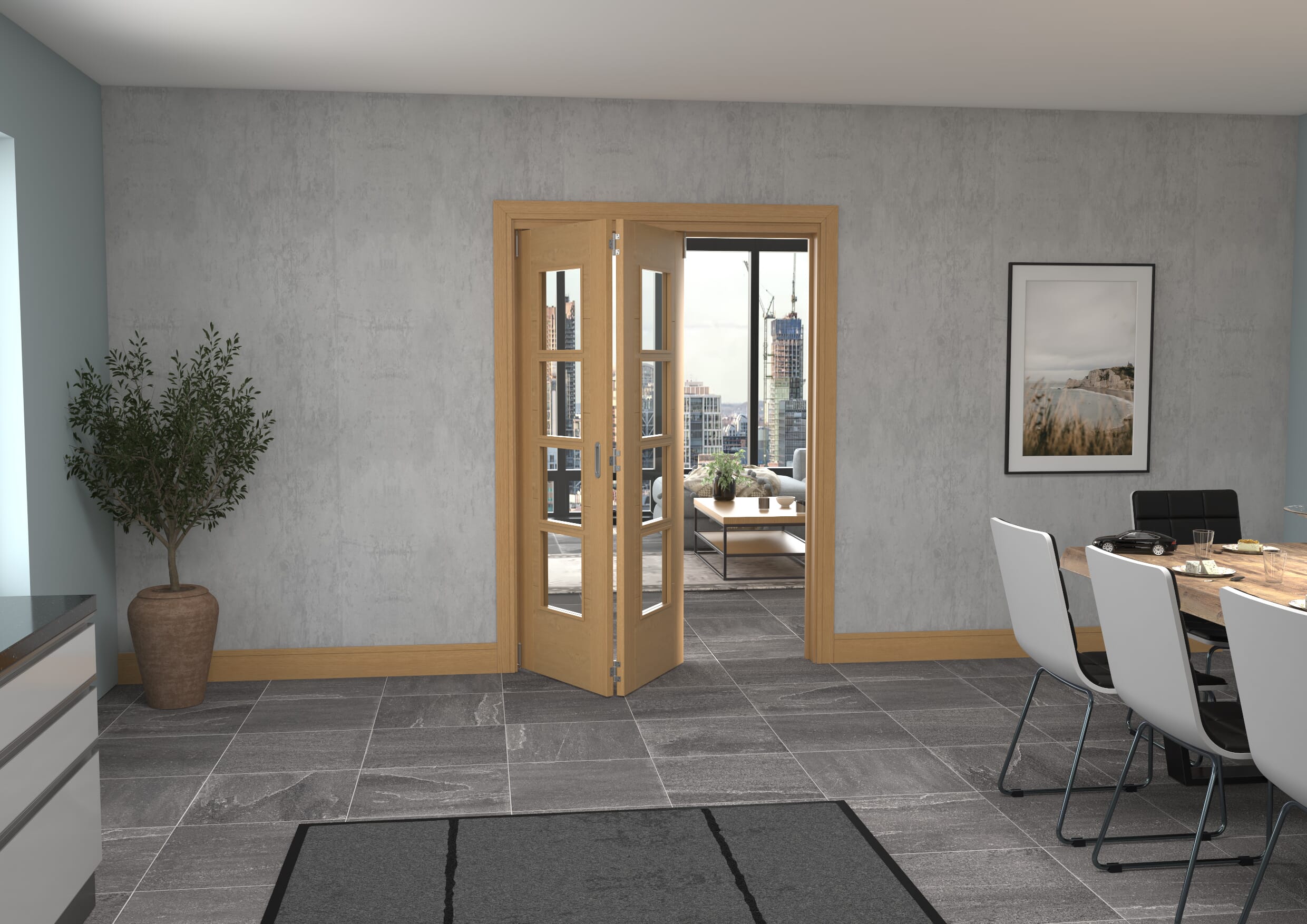 Iseo Oak 4 Light Clear 2 Door Roomfold Grande (2 + 0 x 686mm Doors)