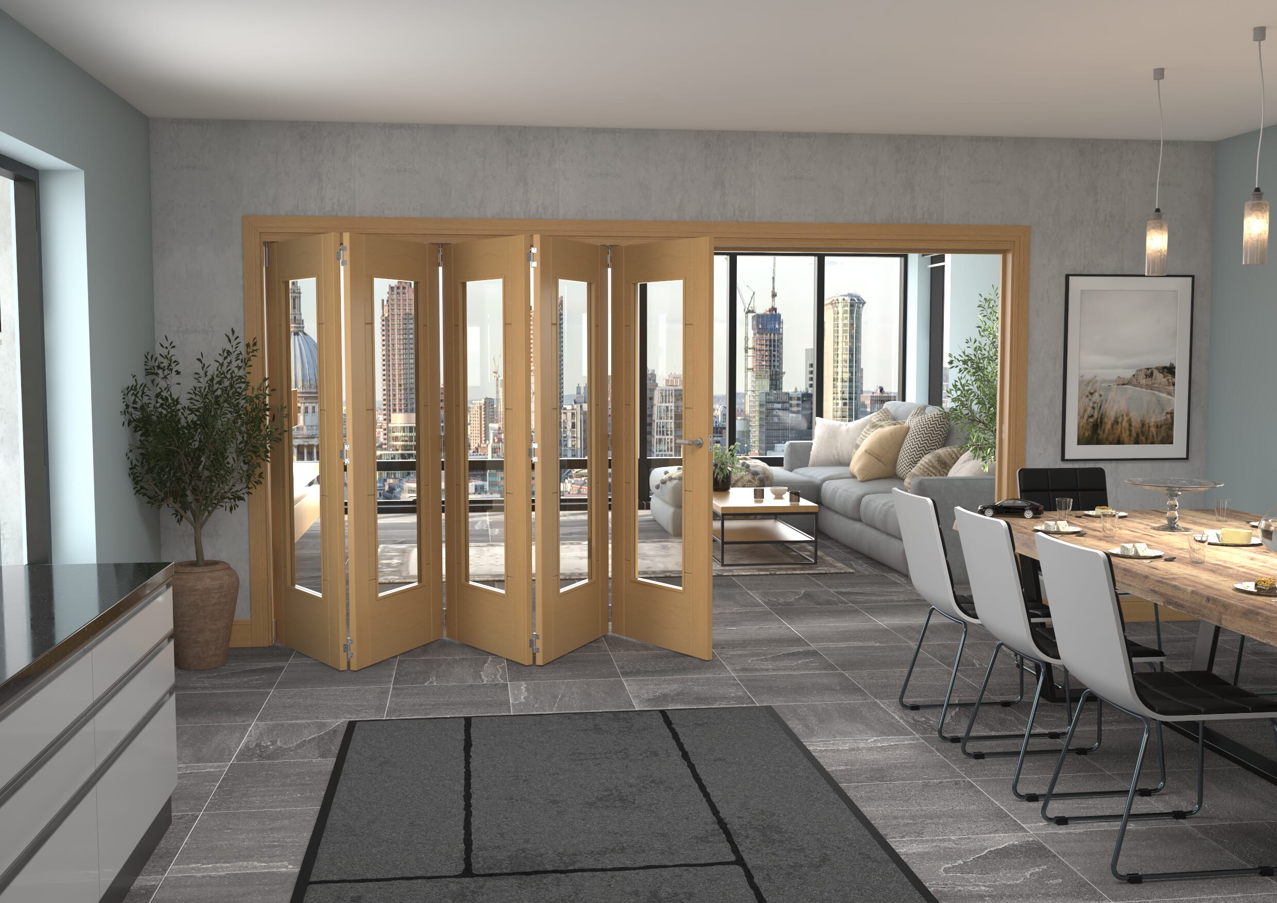Iseo Oak Pattern 10 Clear 5 Door Roomfold Grande (5 + 0 x 762mm Doors)