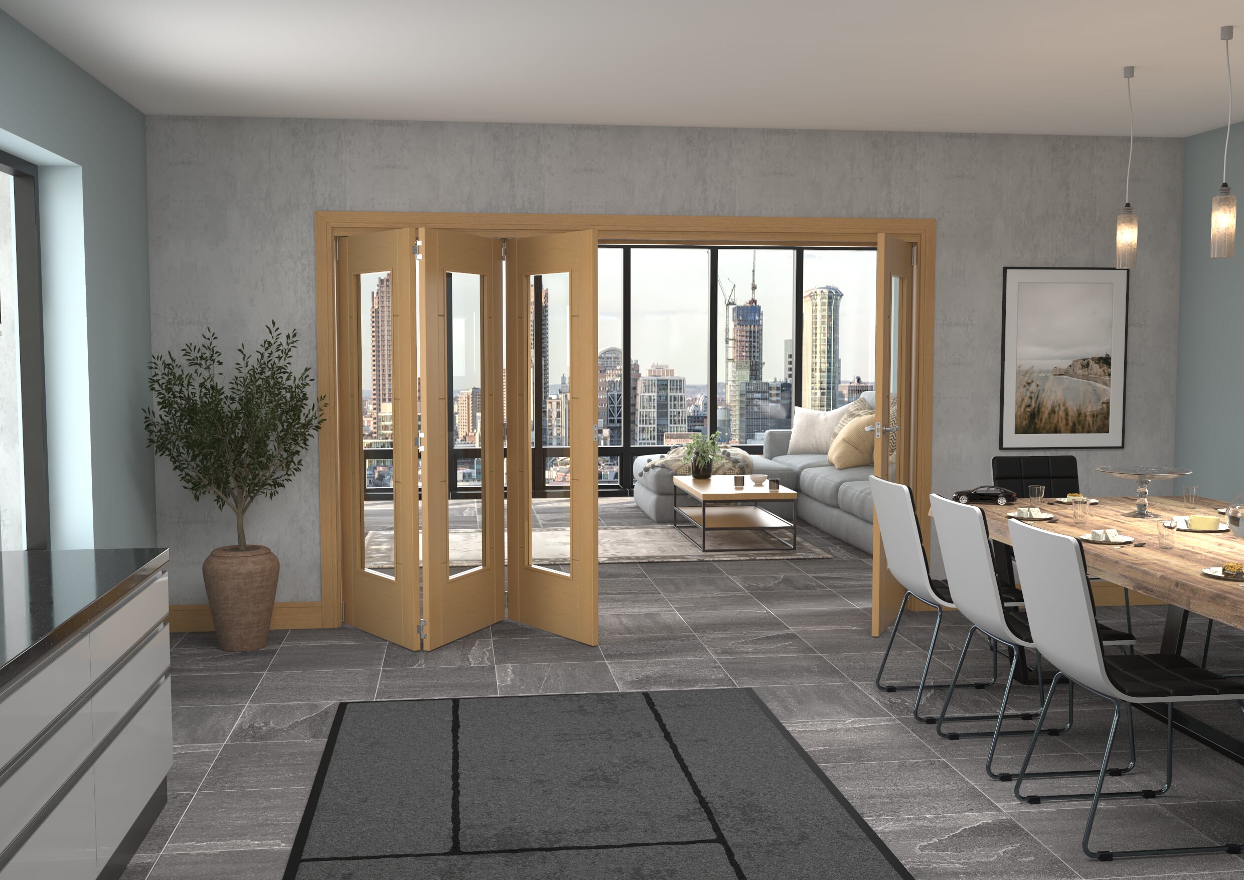 Iseo Oak Pattern 10 Clear 4 Door Roomfold Grande (3 + 1 x 762mm Doors)