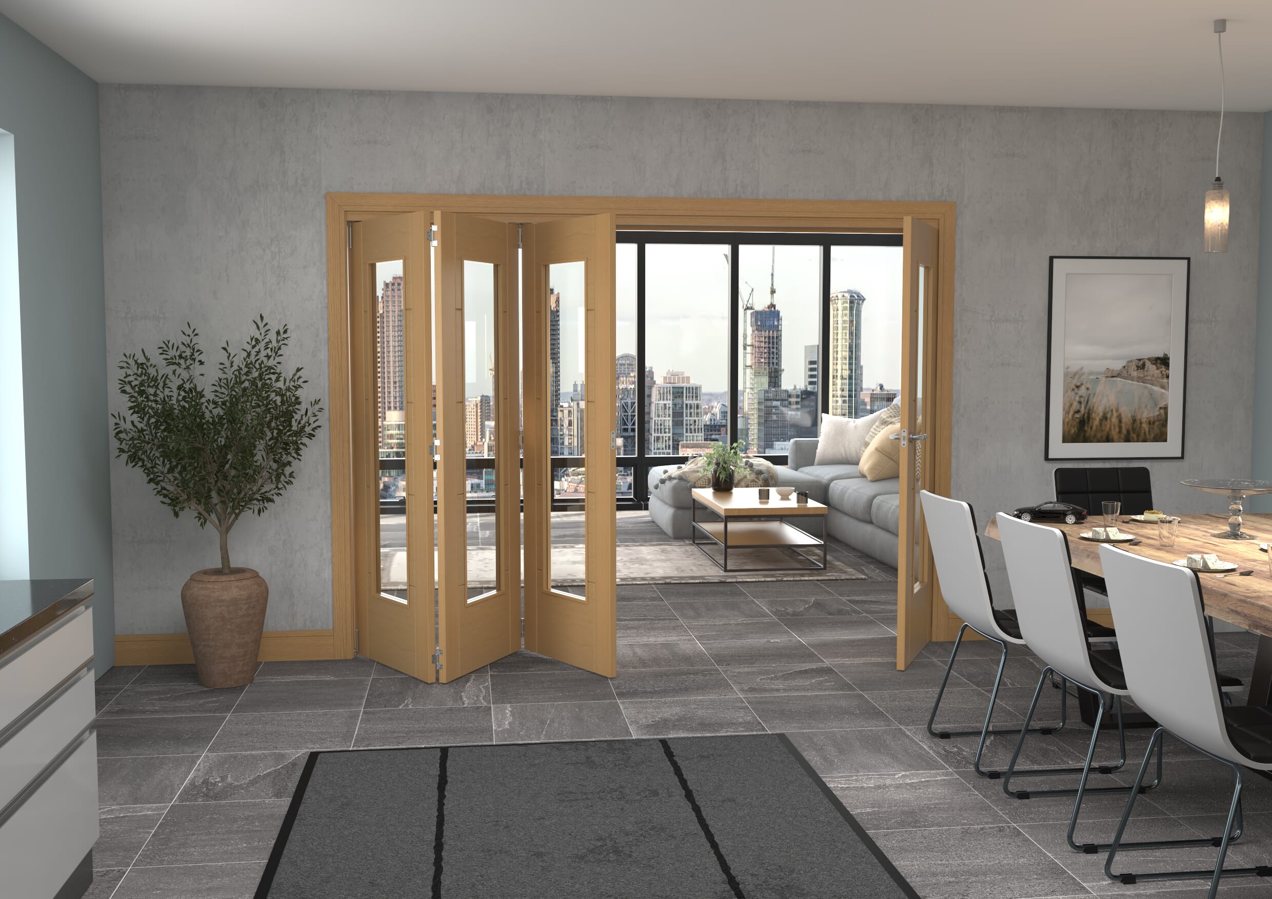 Iseo Oak Pattern 10 Clear 4 Door Roomfold Grande (3 + 1 x 686mm Doors)