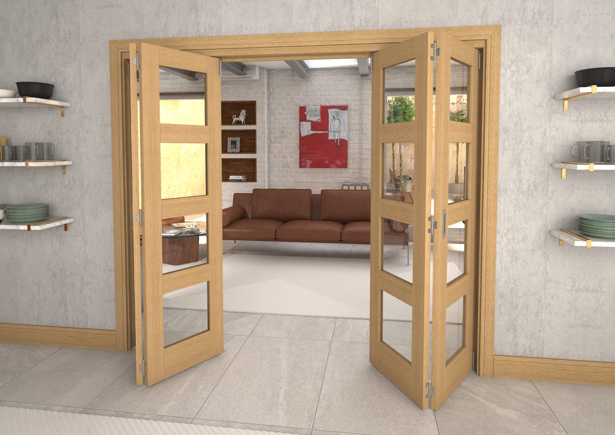 Glazed Oak 4 Door 4L Roomfold Grande 2400mm 2 + 2 Set