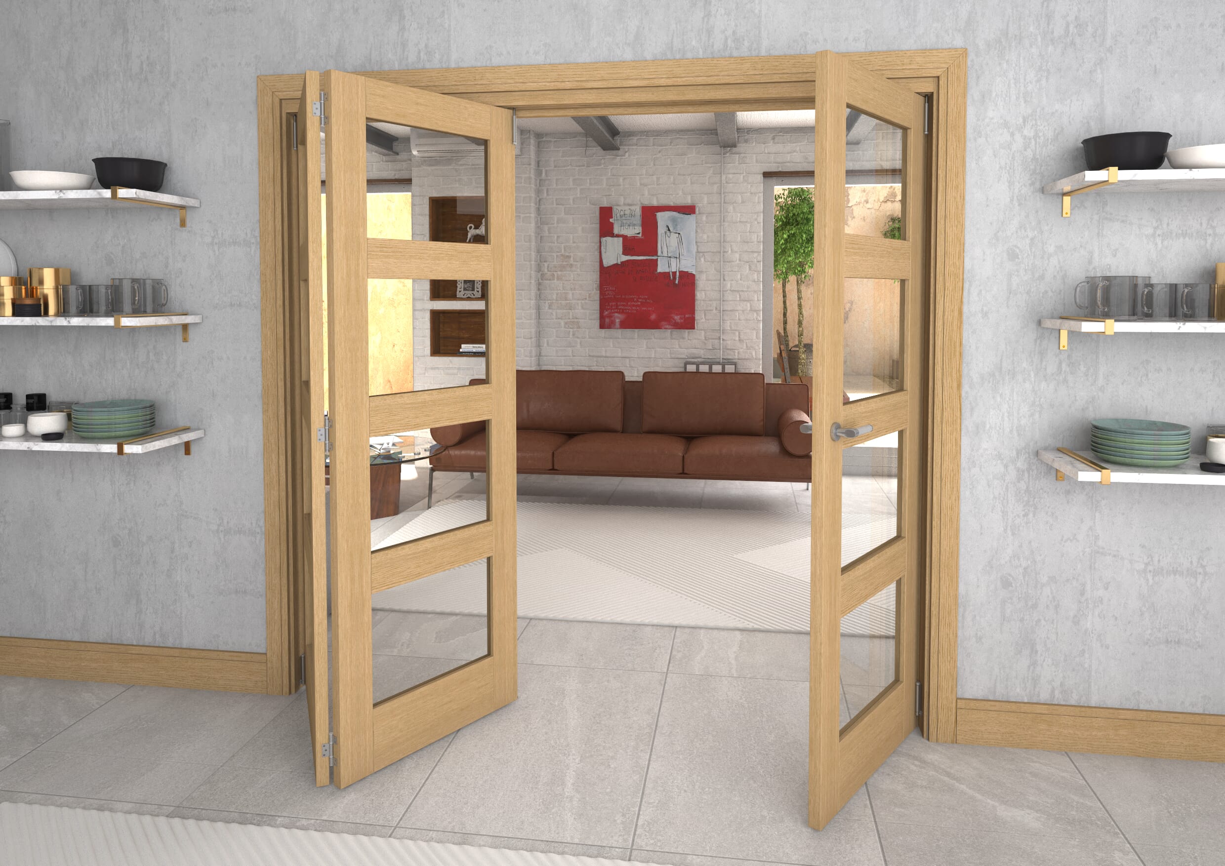 Glazed Oak 3 Door 4L Roomfold Grande (2 + 1 x 686mm Doors)