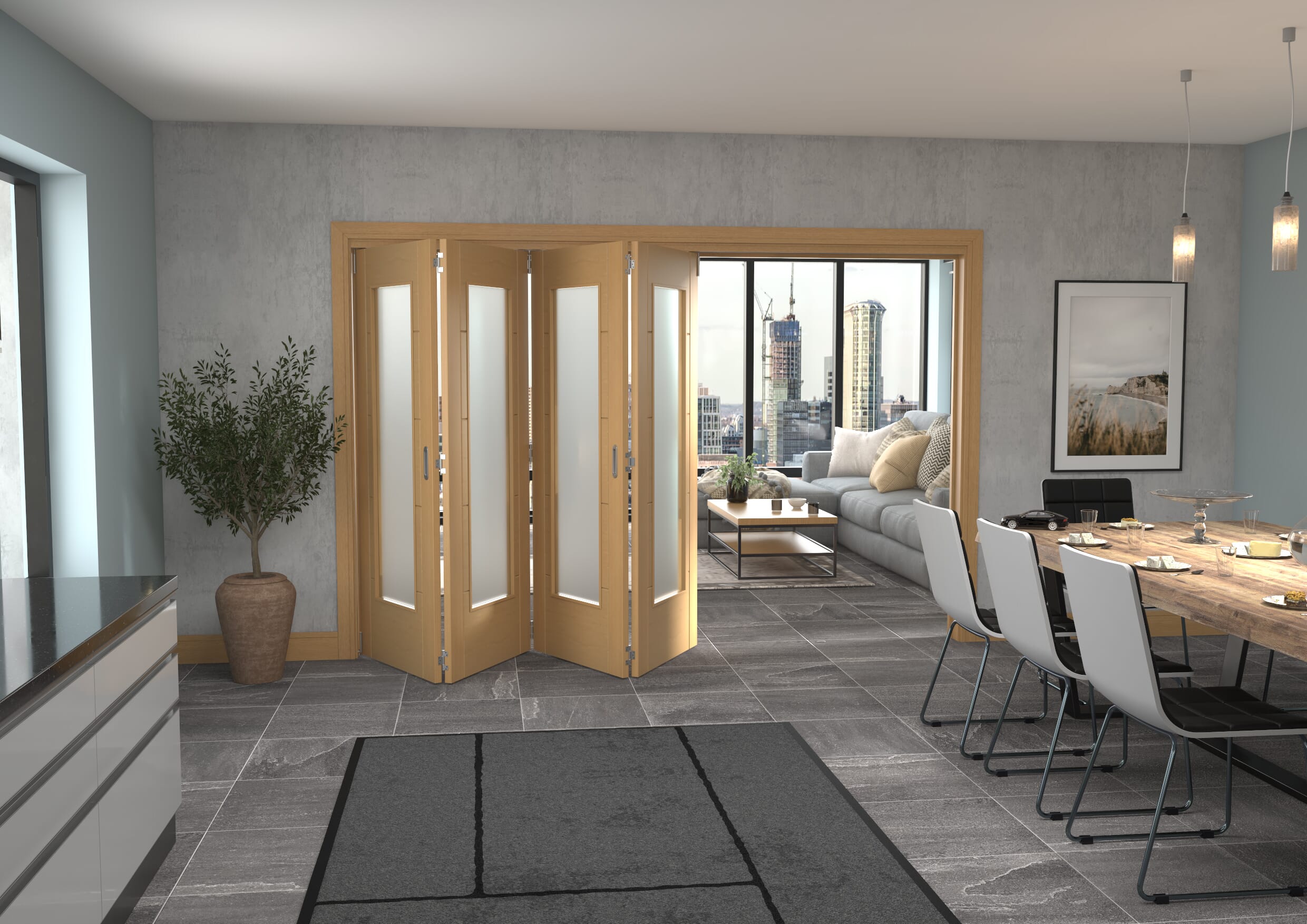 3129x2060x133mm Iseo Oak P10 Frosted Roomfold Grande (4+0)