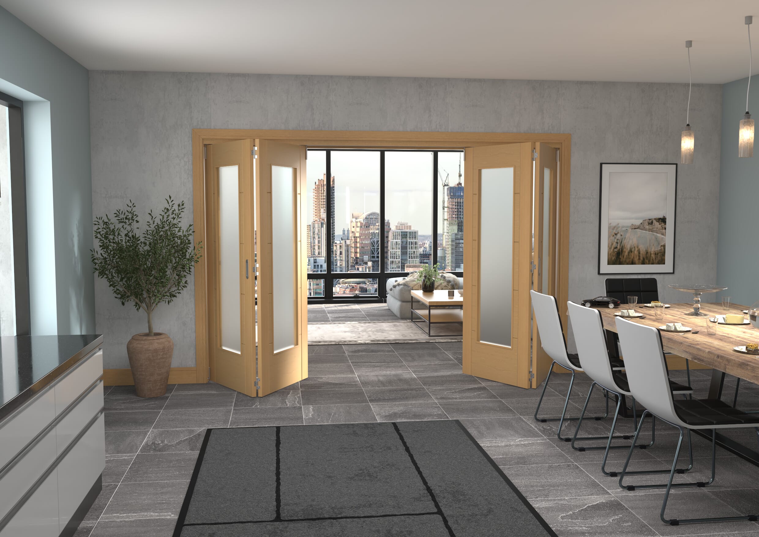 Iseo Oak Pattern 10 Frosted 4 Door Roomfold Grande (2 + 2 x 762mm Doors)