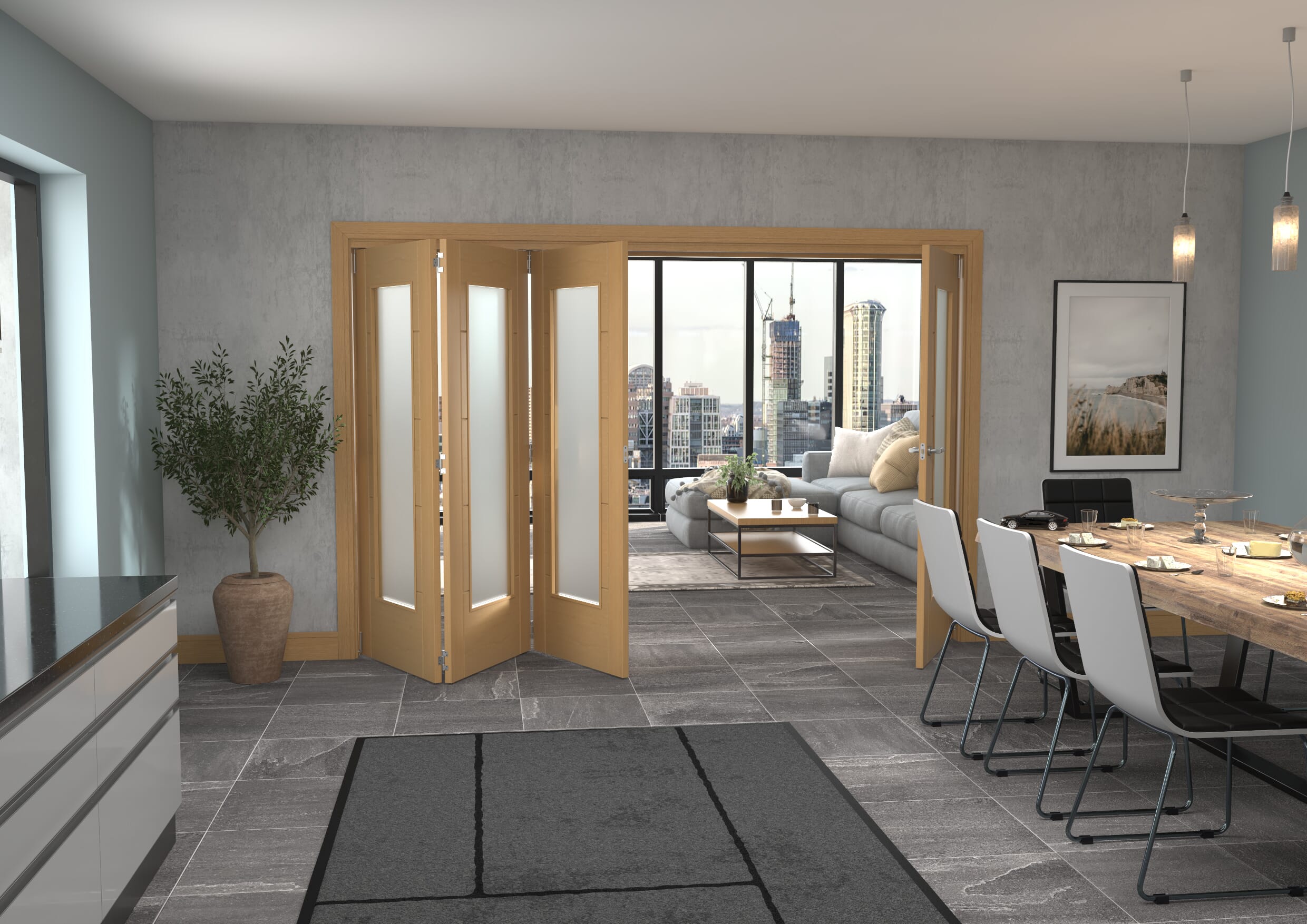 Iseo Oak Pattern 10 Frosted 4 Door Roomfold Grande (3 + 1 x 762mm Doors)