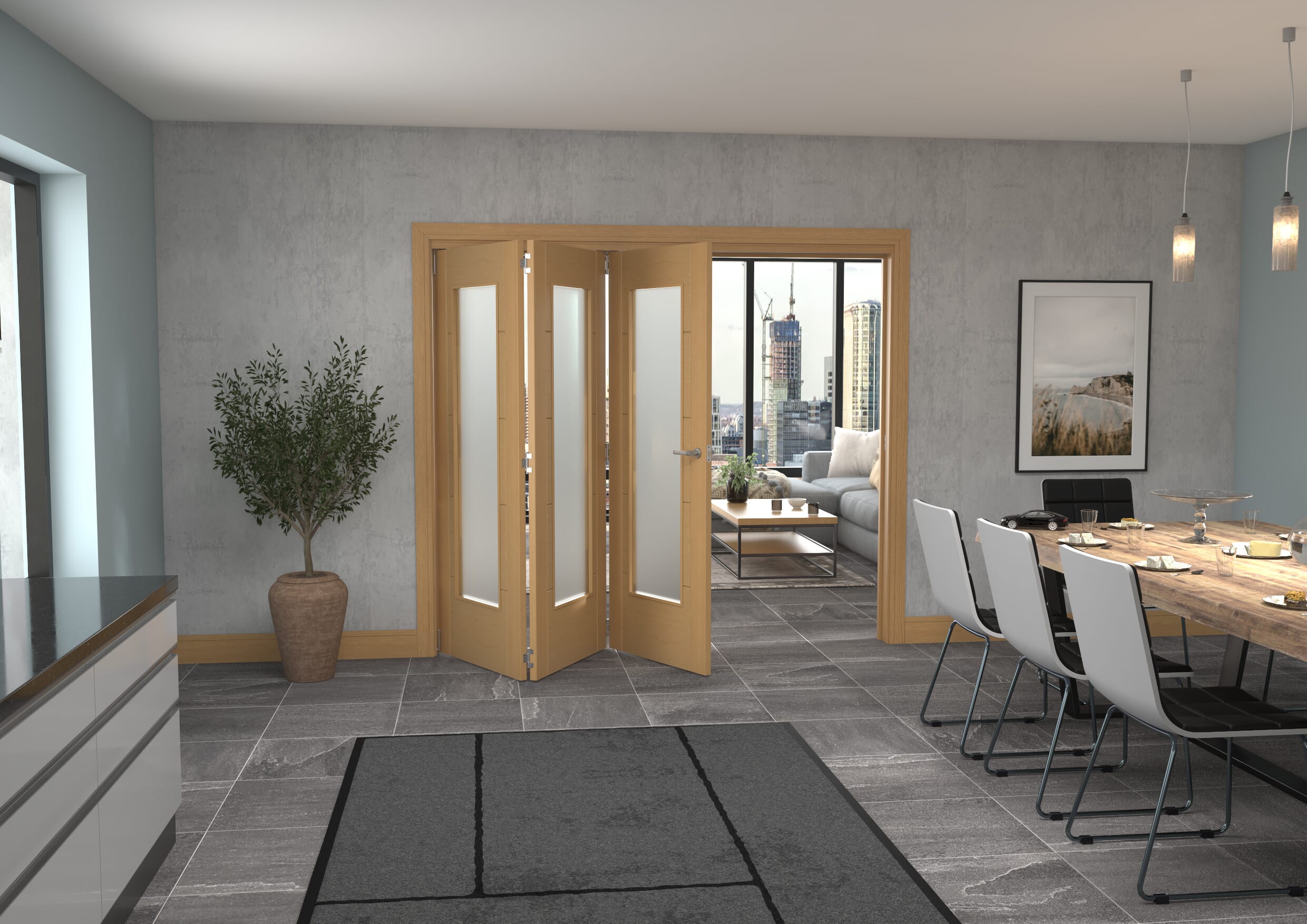 Iseo Oak Pattern 10 Frosted 3 Door Roomfold Grande (3 + 0 x 762mm Doors)