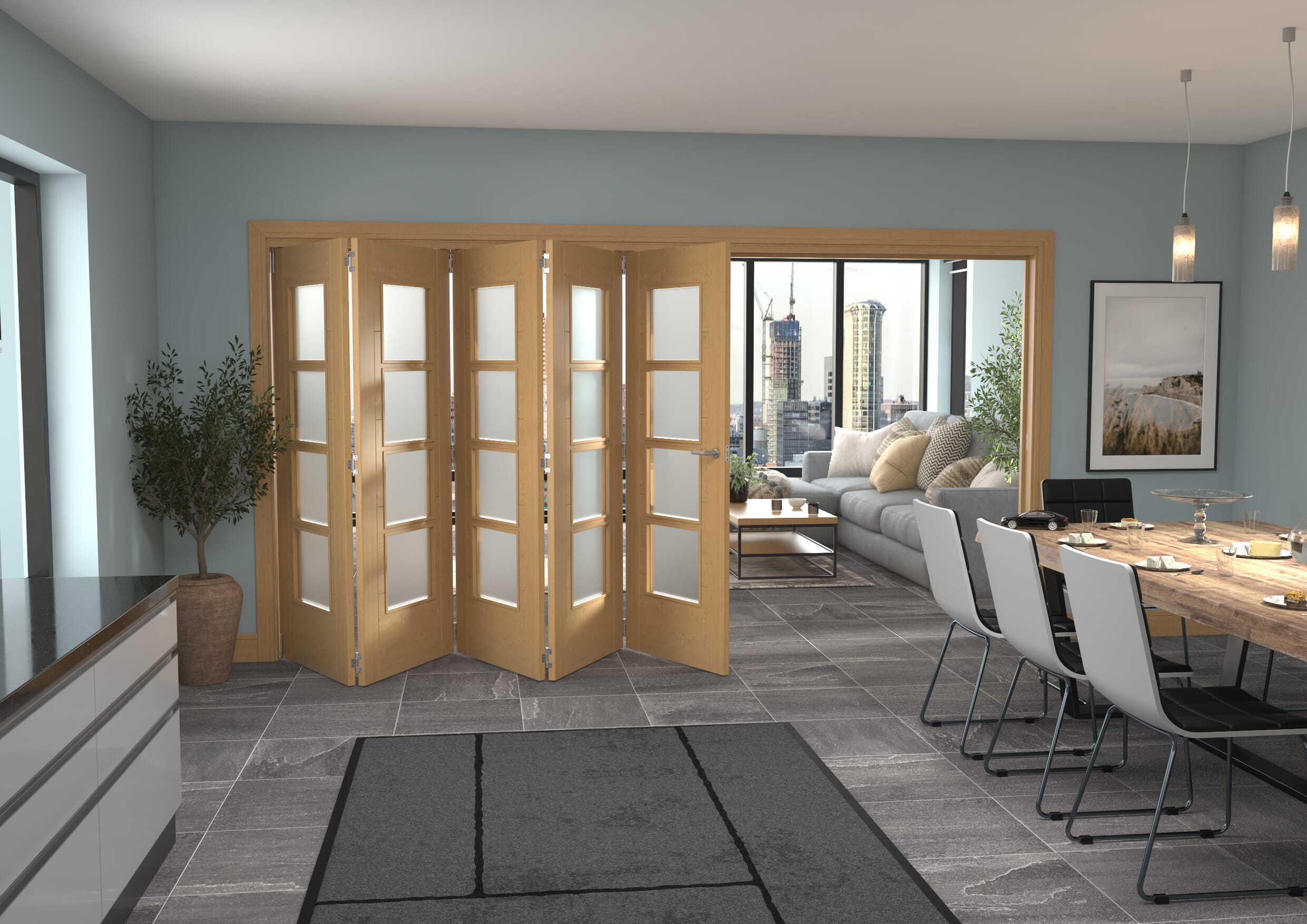 3891x2060x133mm Iseo Oak 4L Frosted Roomfold Grande (5+0)