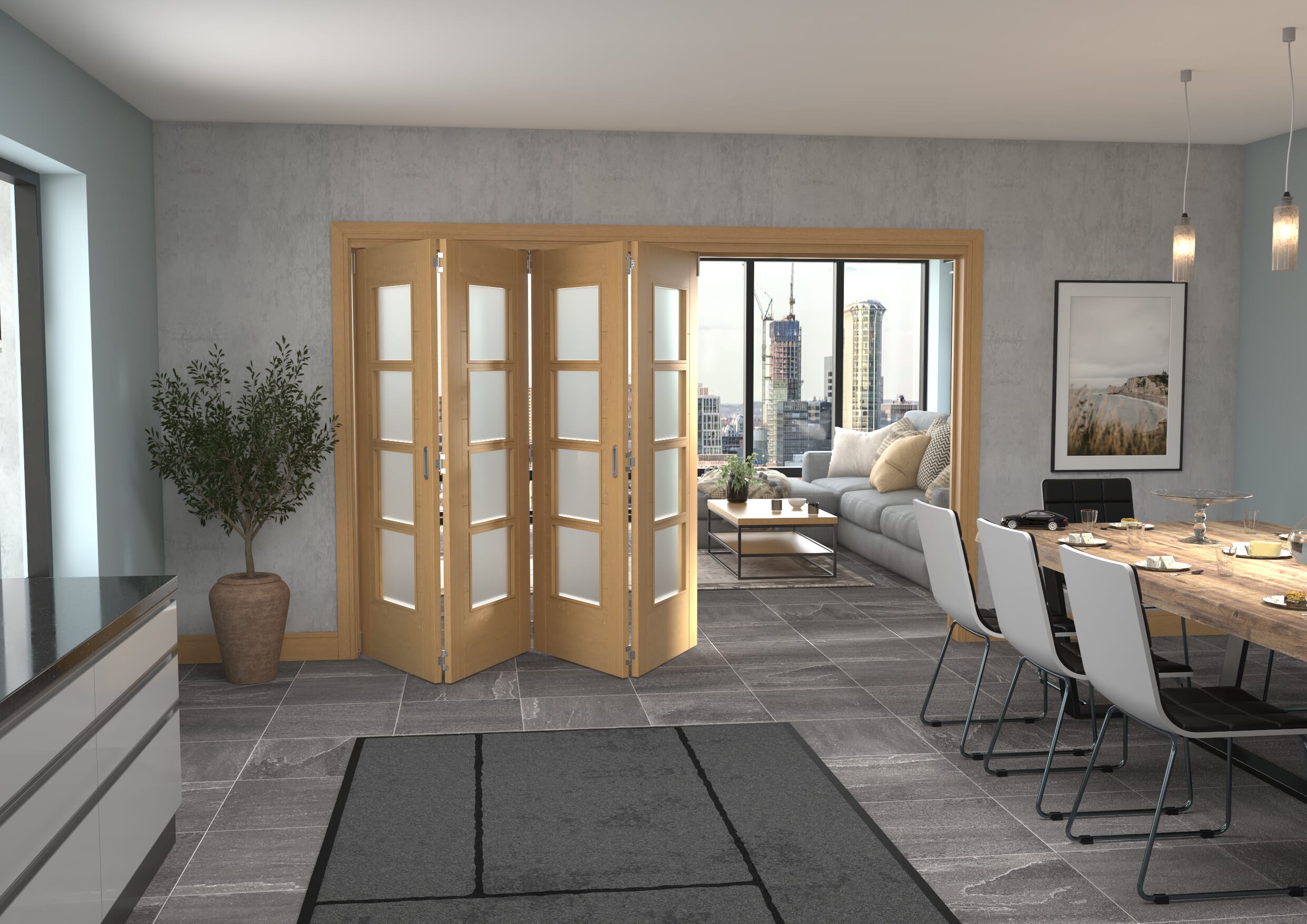 3129x2060x133mm Iseo Oak 4L Frosted Roomfold Grande (4+0)