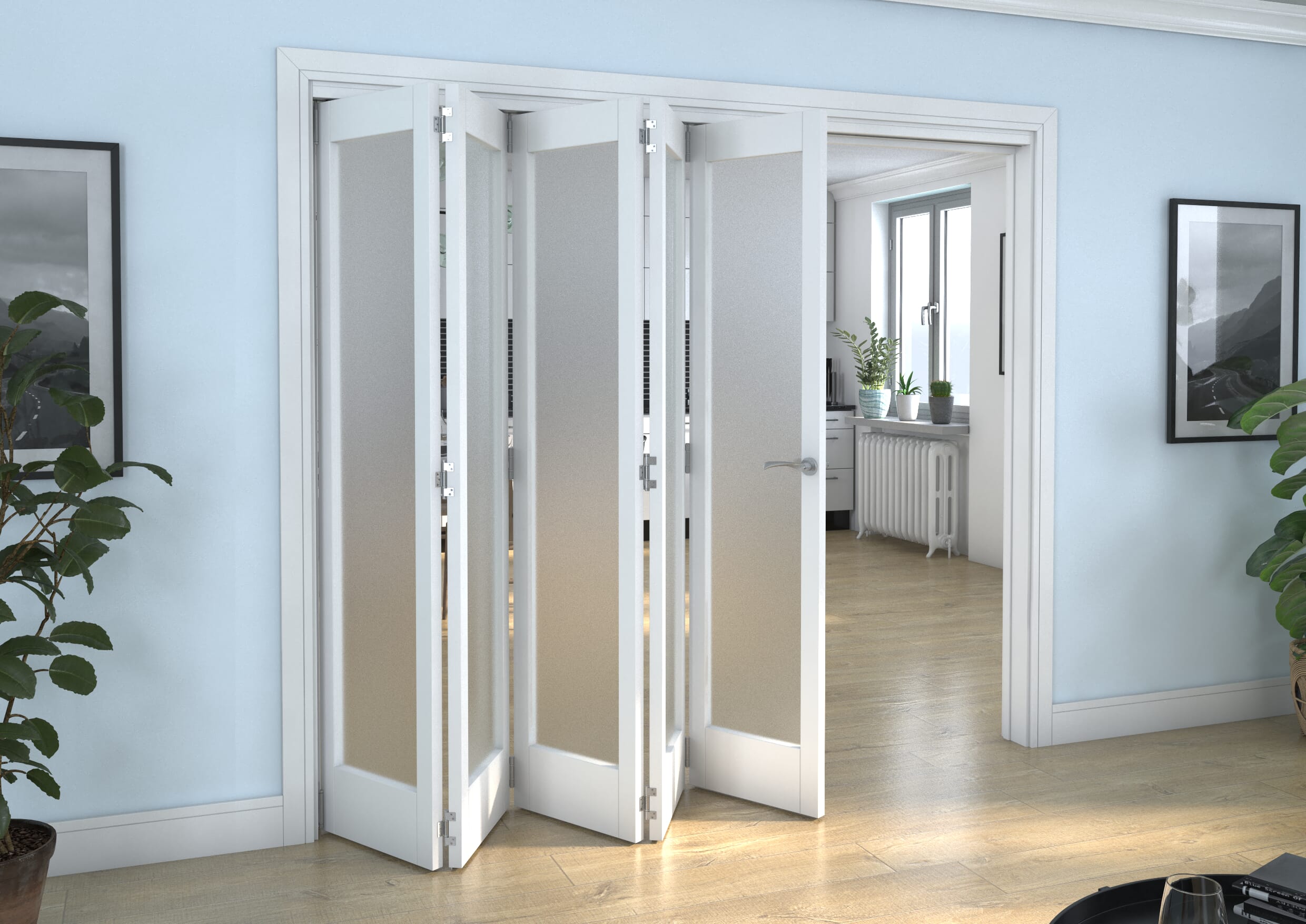 White Primed Shaker 1 Lite Frosted Glazed Roomfold Doorset Image