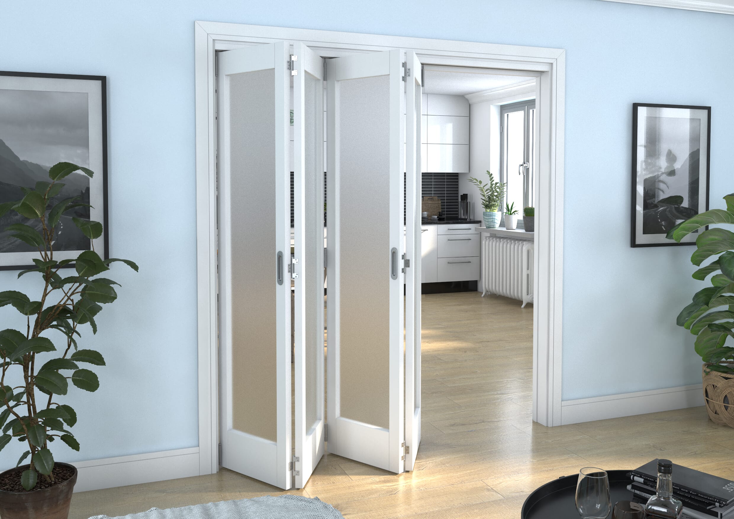 White Primed Shaker 1 Lite Frosted Glazed Roomfold Doorset Image