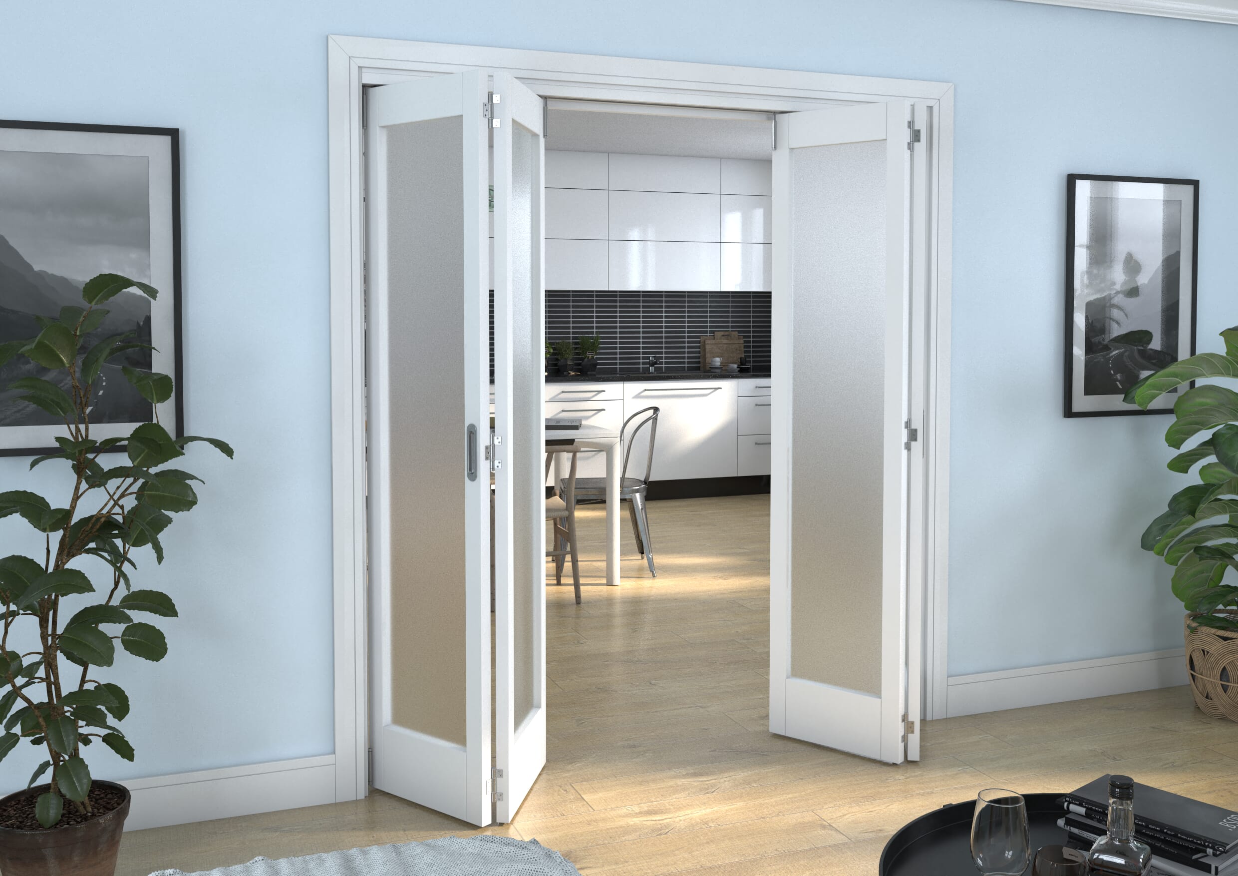 White Primed Shaker 1 Lite Frosted Glazed Roomfold Doorset Image