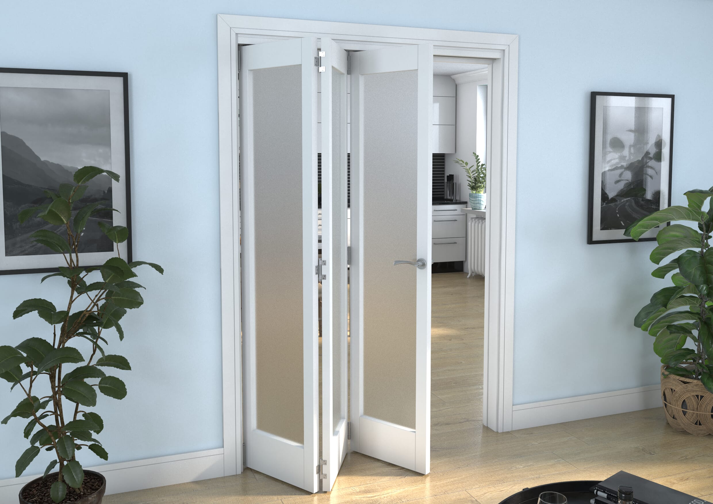 White Primed Shaker 1 Lite Frosted Glazed Roomfold Doorset Image