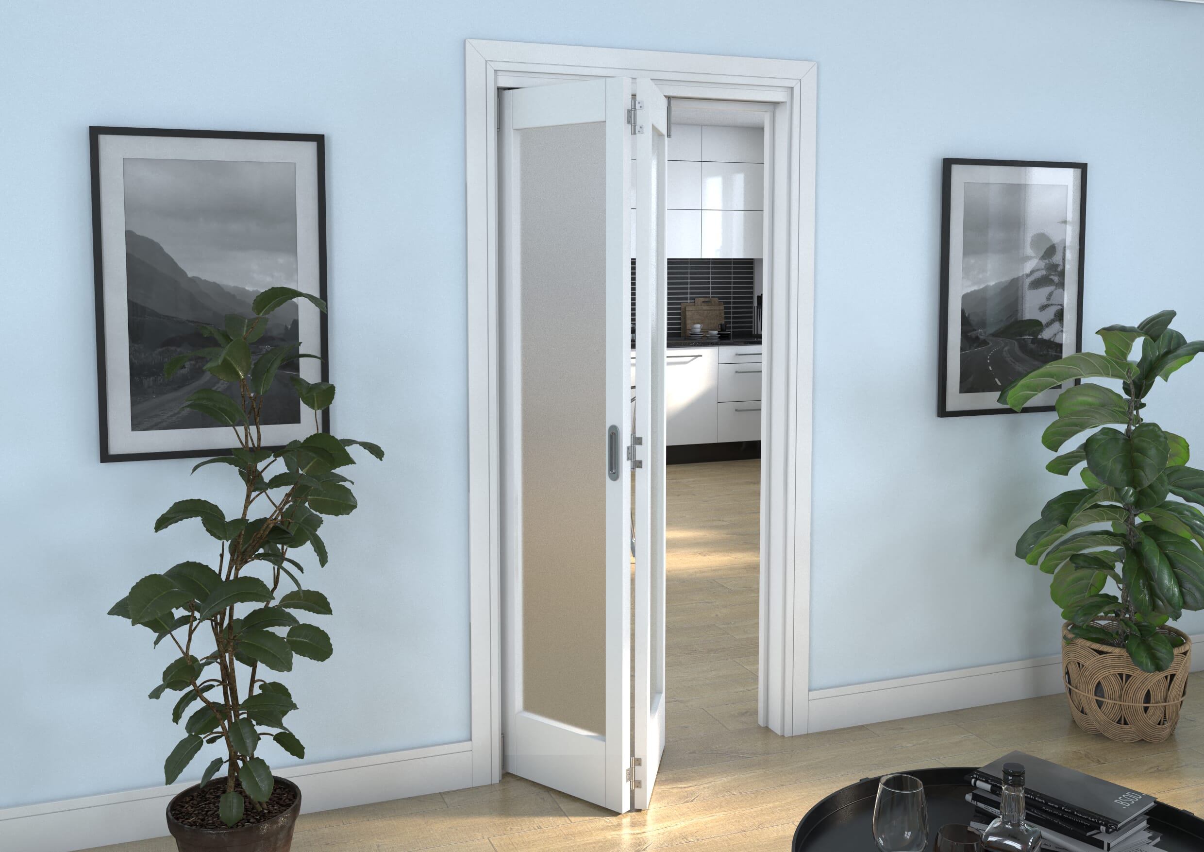White Primed Shaker 1 Lite Frosted Glazed Roomfold Doorset Image