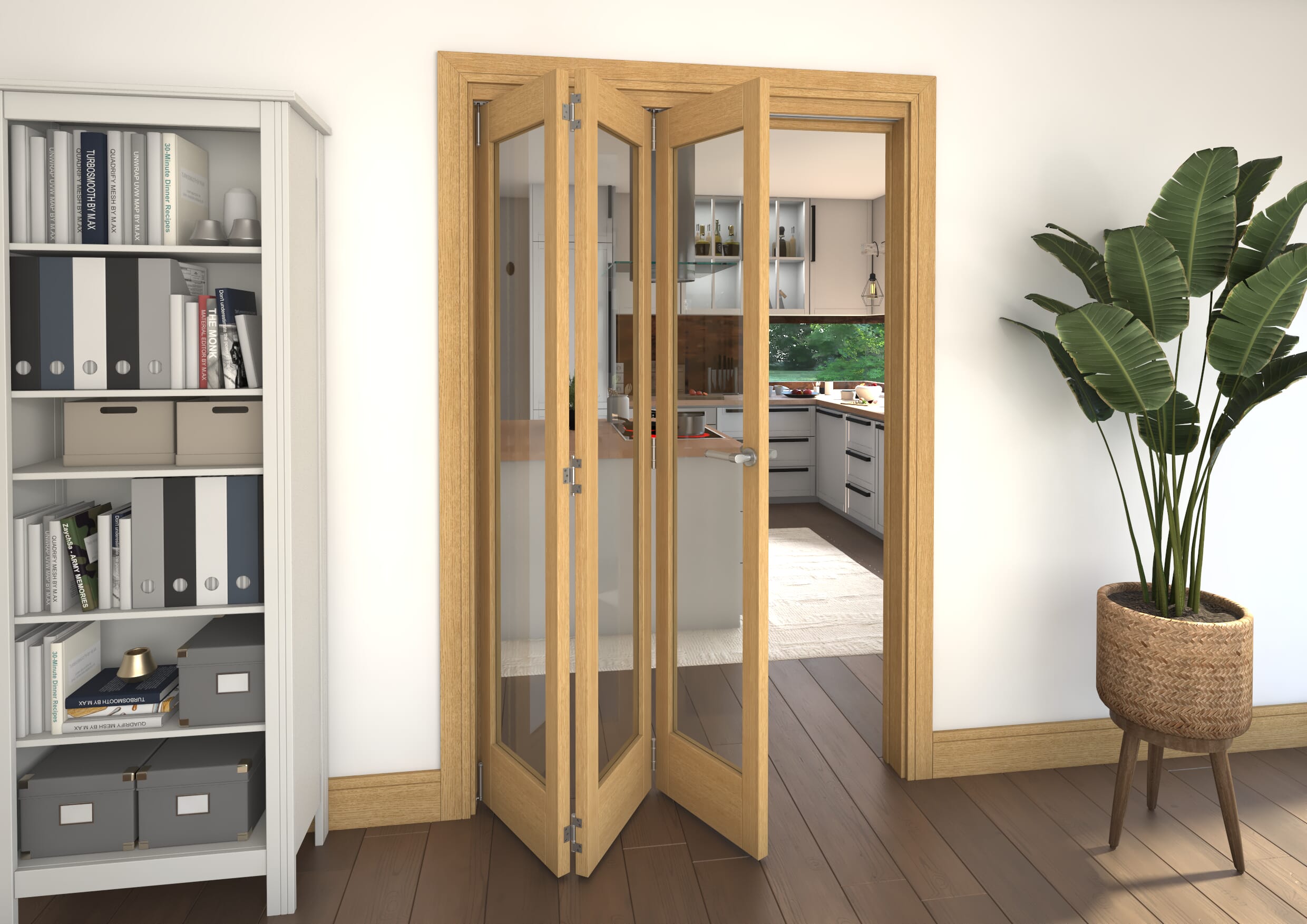 Glazed Oak Prefinished 3 Door Roomfold Grande (3 + 0 x 419mm Doors)