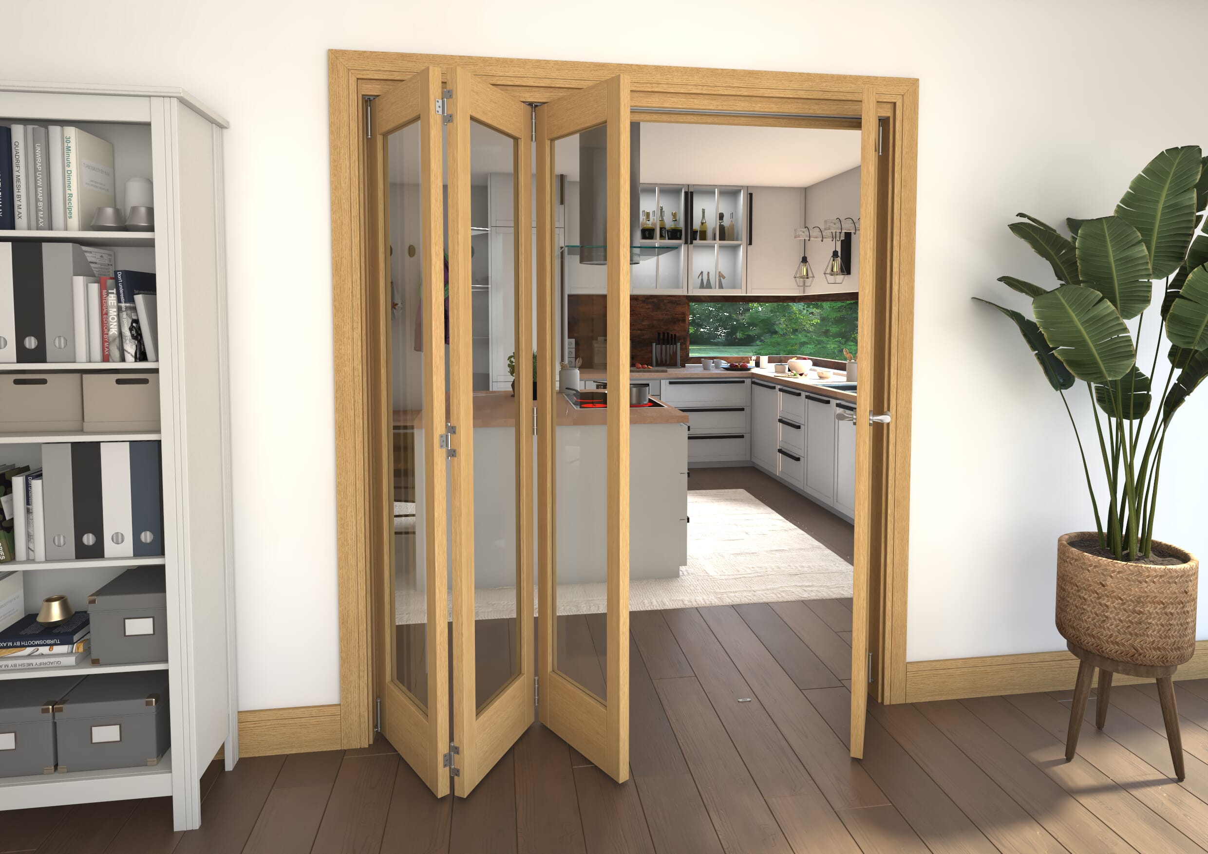 Glazed Oak Prefinished 4 Door Roomfold Grande (3 + 1 x 419mm Doors)