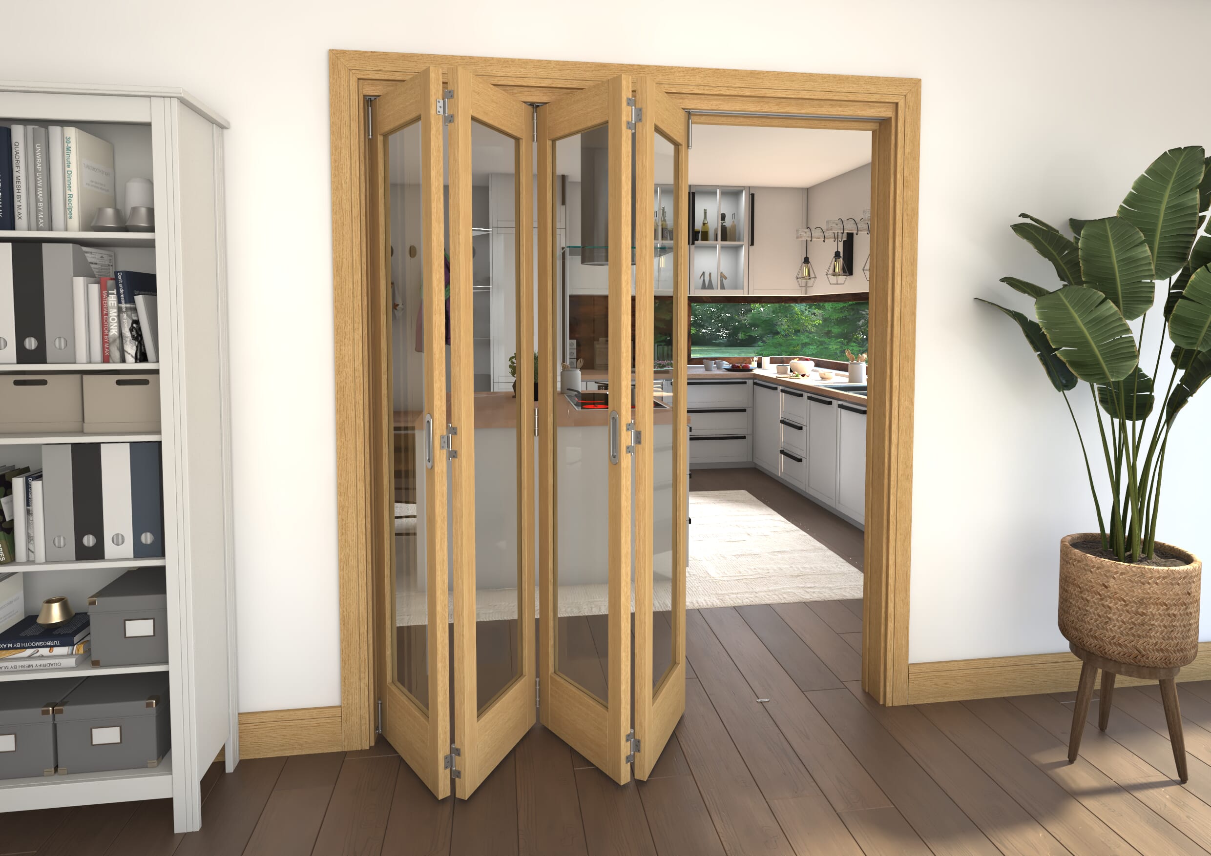 Glazed Oak Prefinished 4 Door Roomfold Grande (4 + 0 x 419mm Doors)