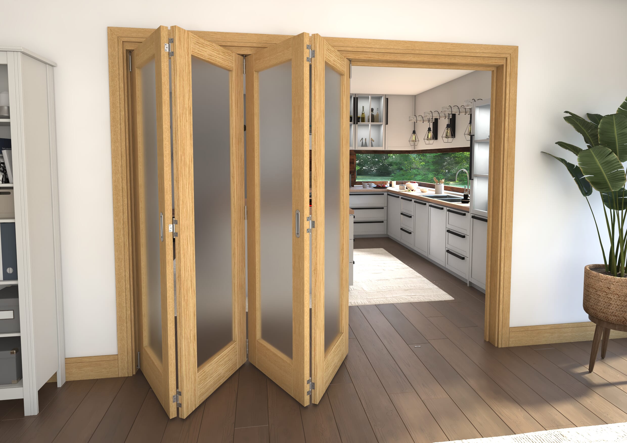 2521x2060x133mm Pref. Oak P10 Frosted Roomfold Grande (4+0)