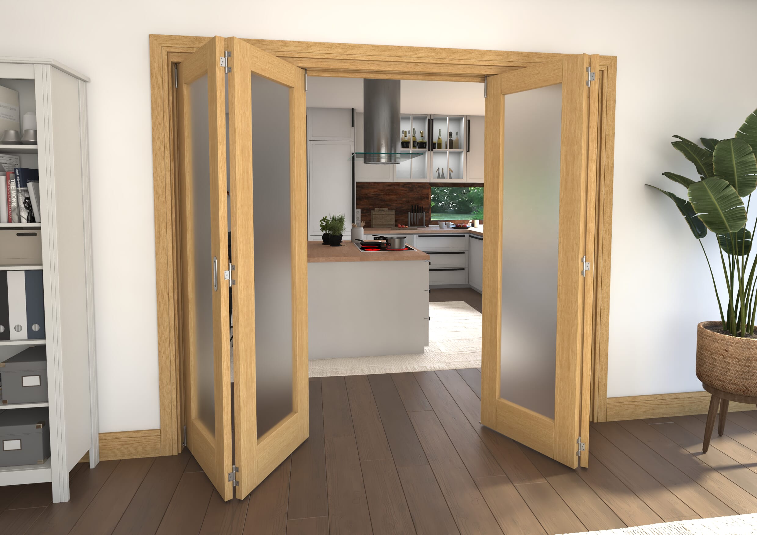 Frosted Glazed Oak Prefinished 4 Door Roomfold Grande 2400mm 2 + 2 Set