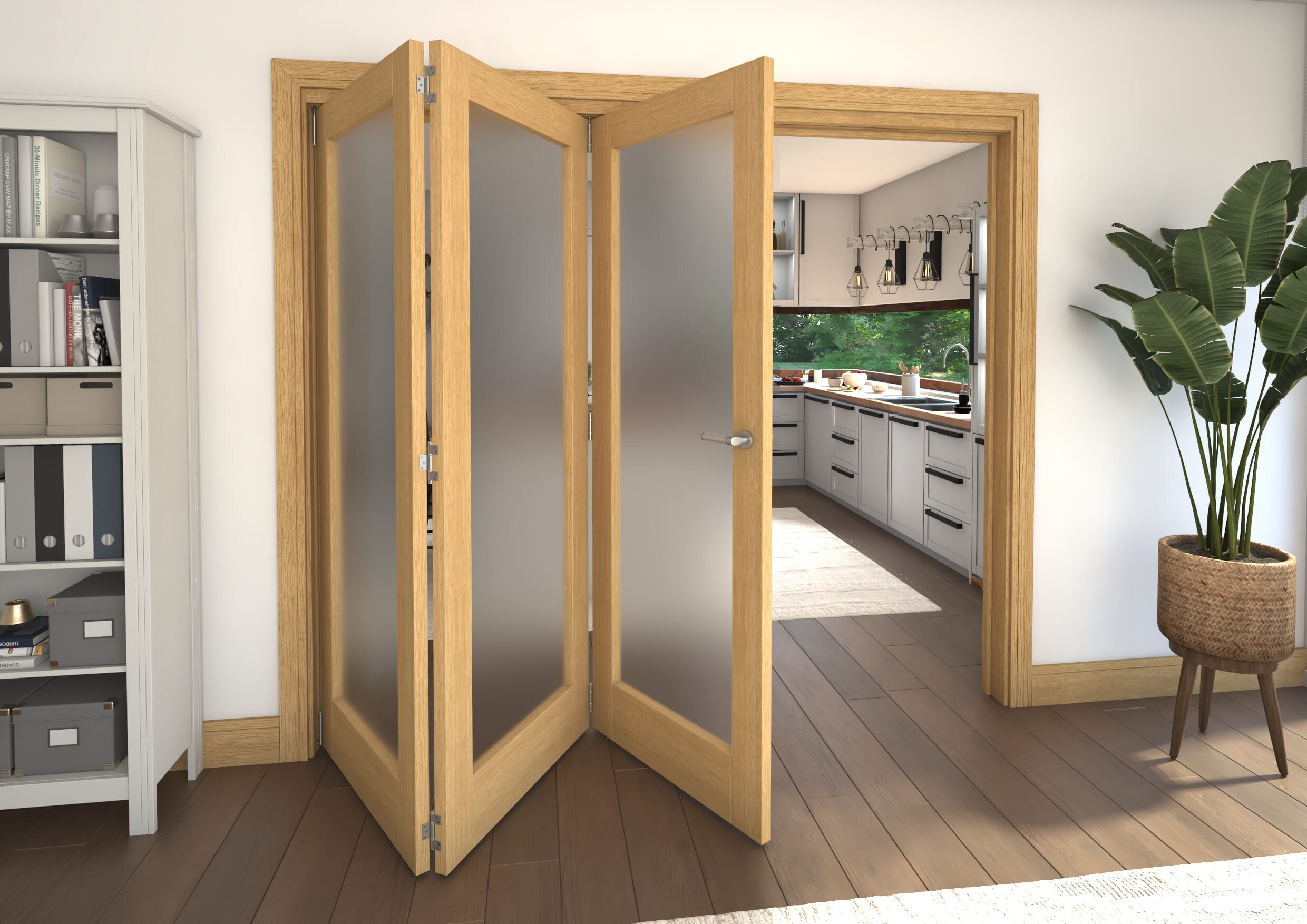 Frosted Glazed Oak Prefinished 3 Door Roomfold Grande (3 + 0 x 762mm Doors)