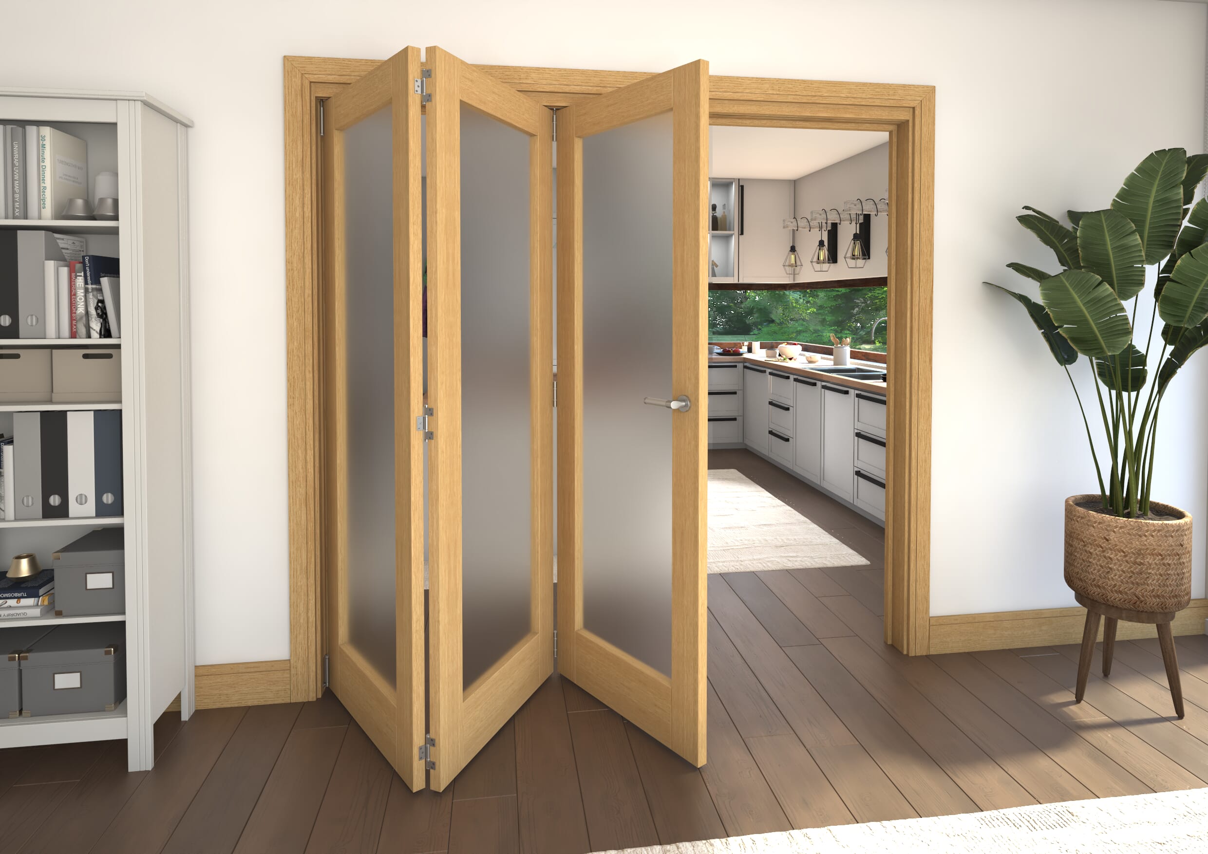 Frosted Glazed Oak Prefinished 3 Door Roomfold Grande (3 + 0 x 686mm Doors)