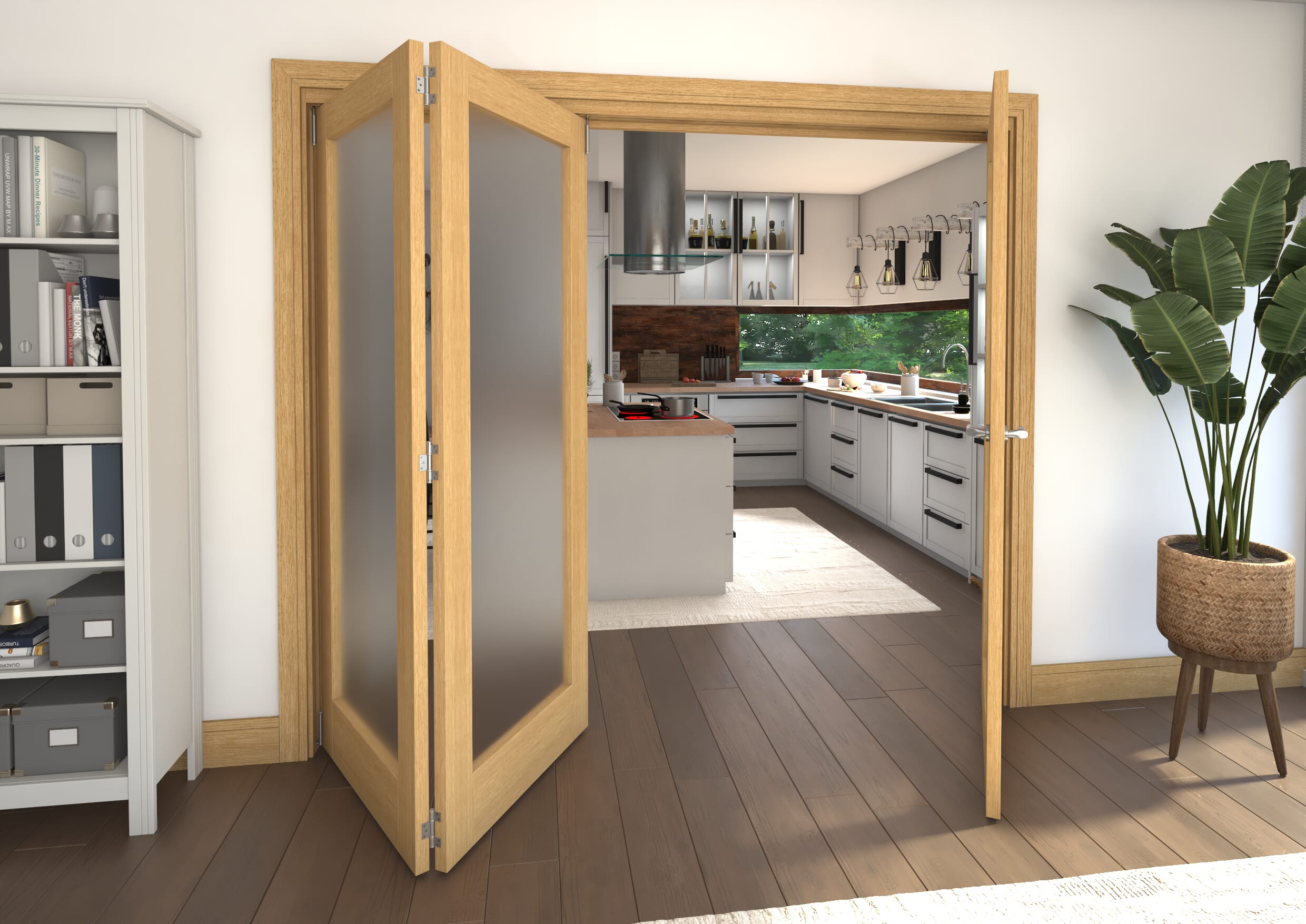 Frosted Glazed Oak Prefinished 3 Door Roomfold Grande (2 + 1 x 762mm Doors)