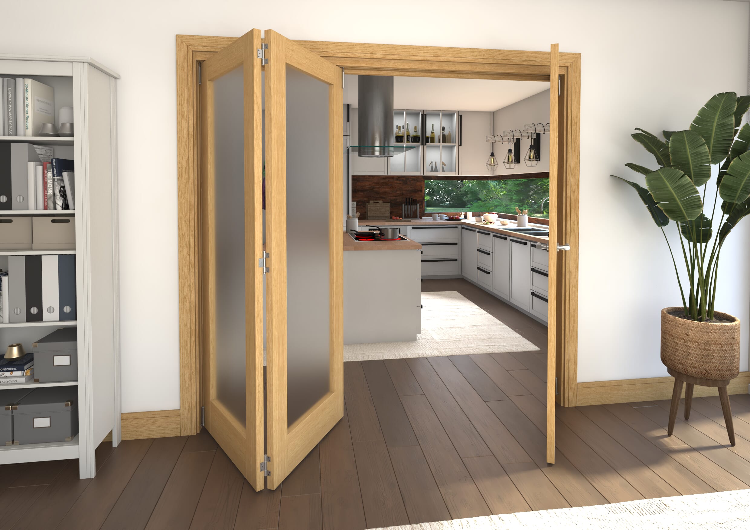 Frosted Glazed Oak Prefinished 3 Door Roomfold Grande (2 + 1 x 686mm Doors)