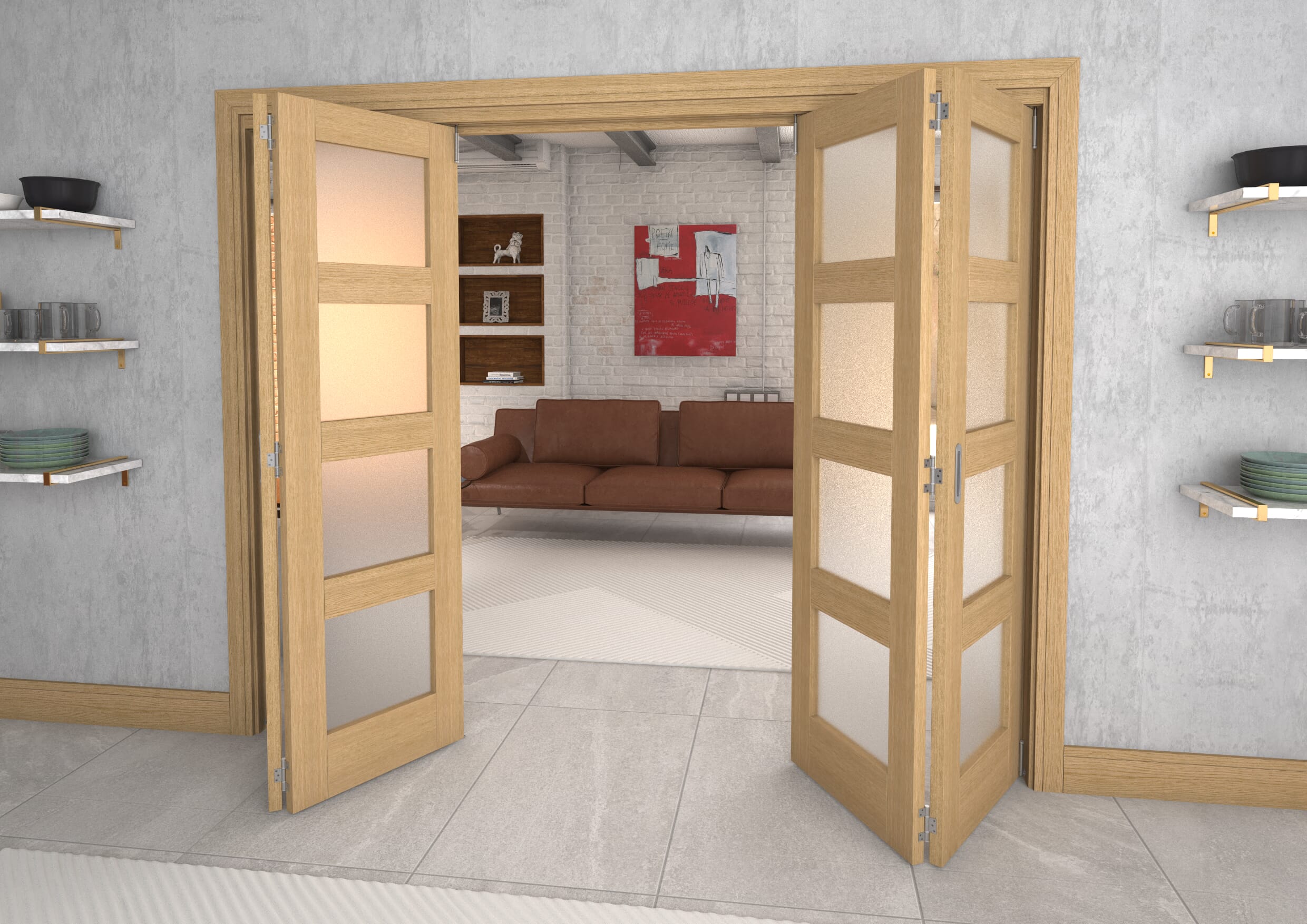 Frosted Glazed Oak Prefinished 4 Door 4L Roomfold Grande (2 + 2 x 610mm Doors)