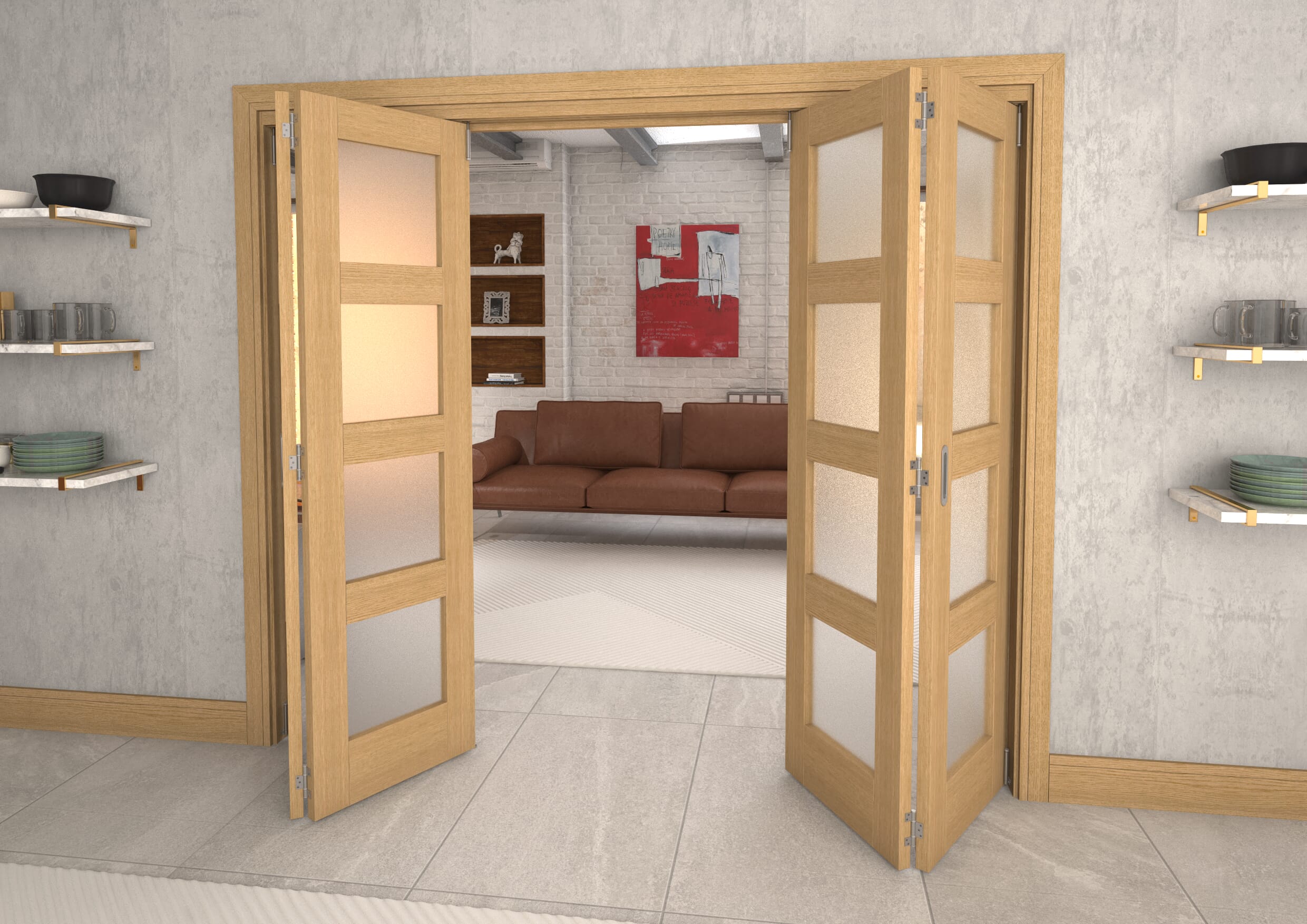 Frosted Glazed Oak Prefinished 4 Door 4L Roomfold Grande 2400mm 2 + 2 Set