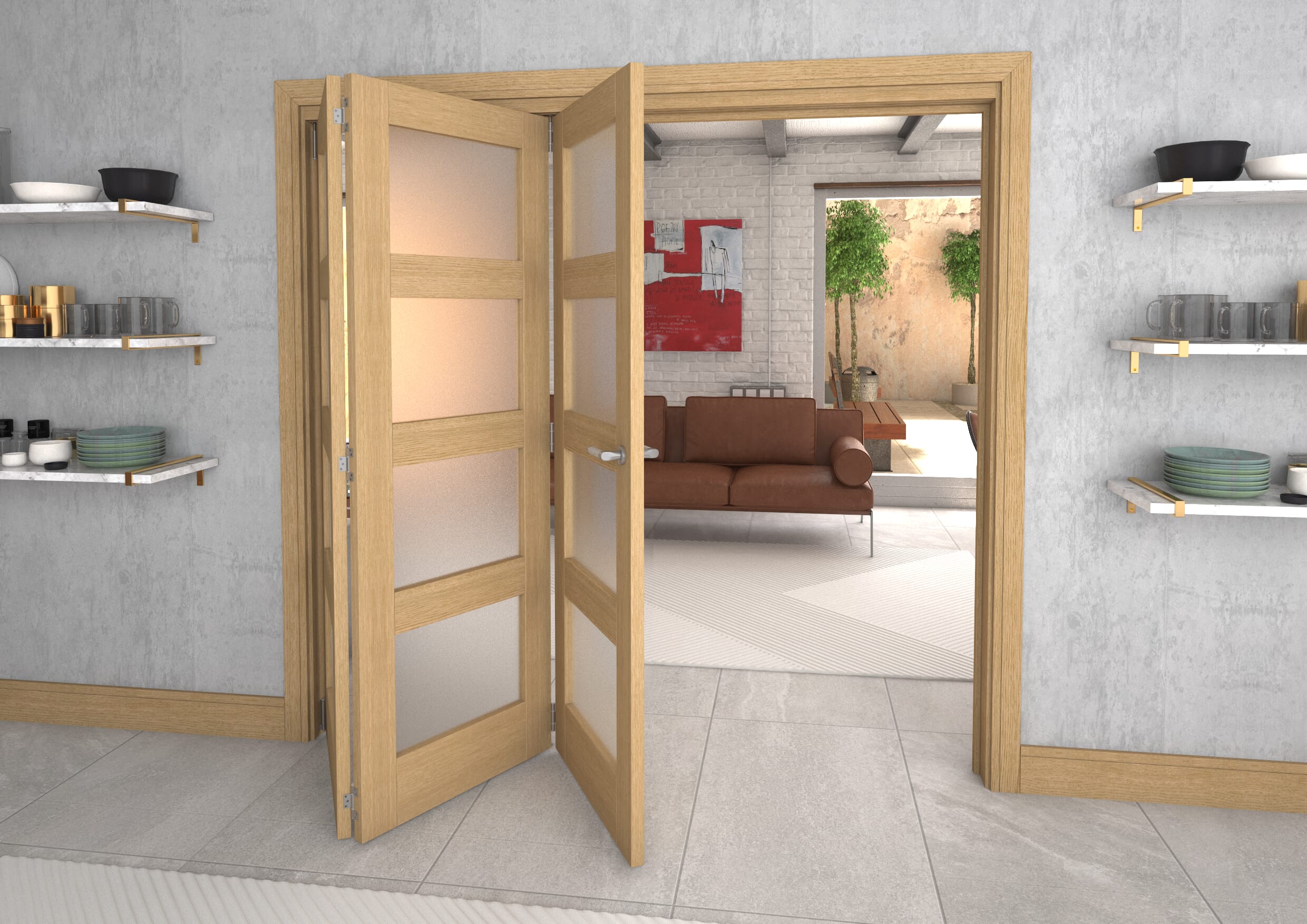 Frosted Glazed Oak Prefinished 3 Door 4L Roomfold Grande (3 + 0 x 686mm Doors)
