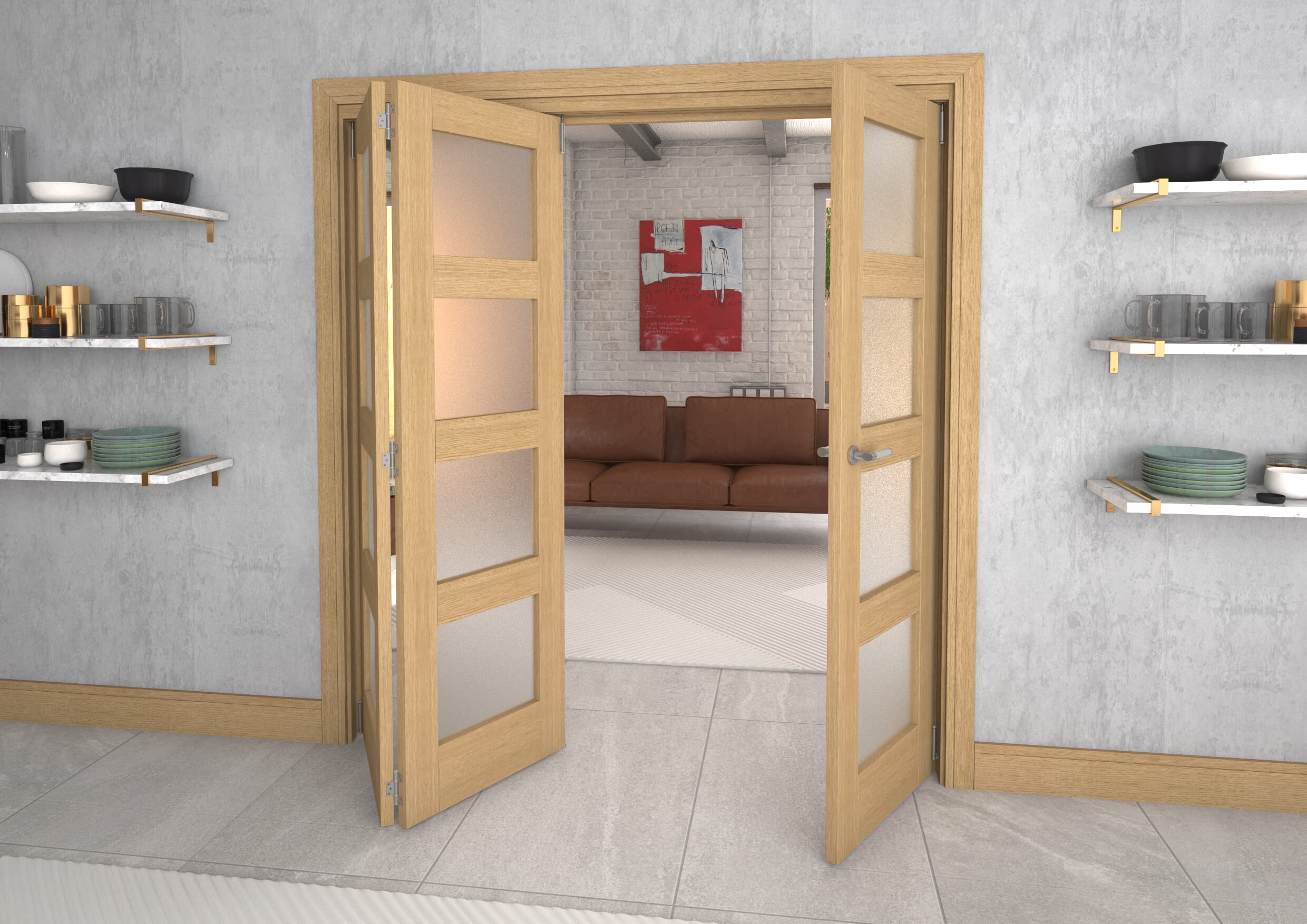 Frosted Glazed Oak Prefinished 3 Door 4L Roomfold Grande (2 + 1 x 610mm Doors)