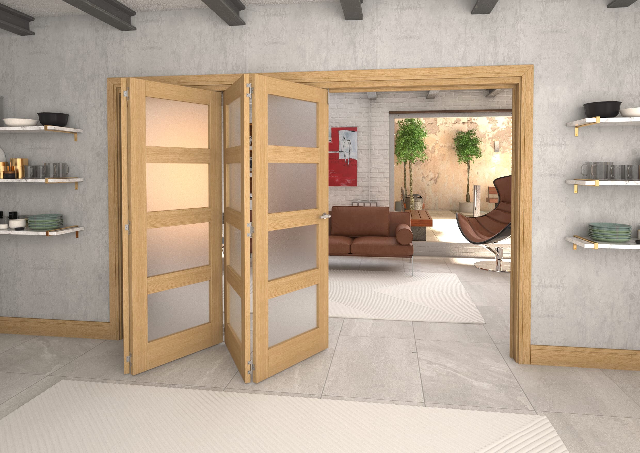 3129x2060x133mm Oak 4L Frosted Roomfold Grande (4+0)