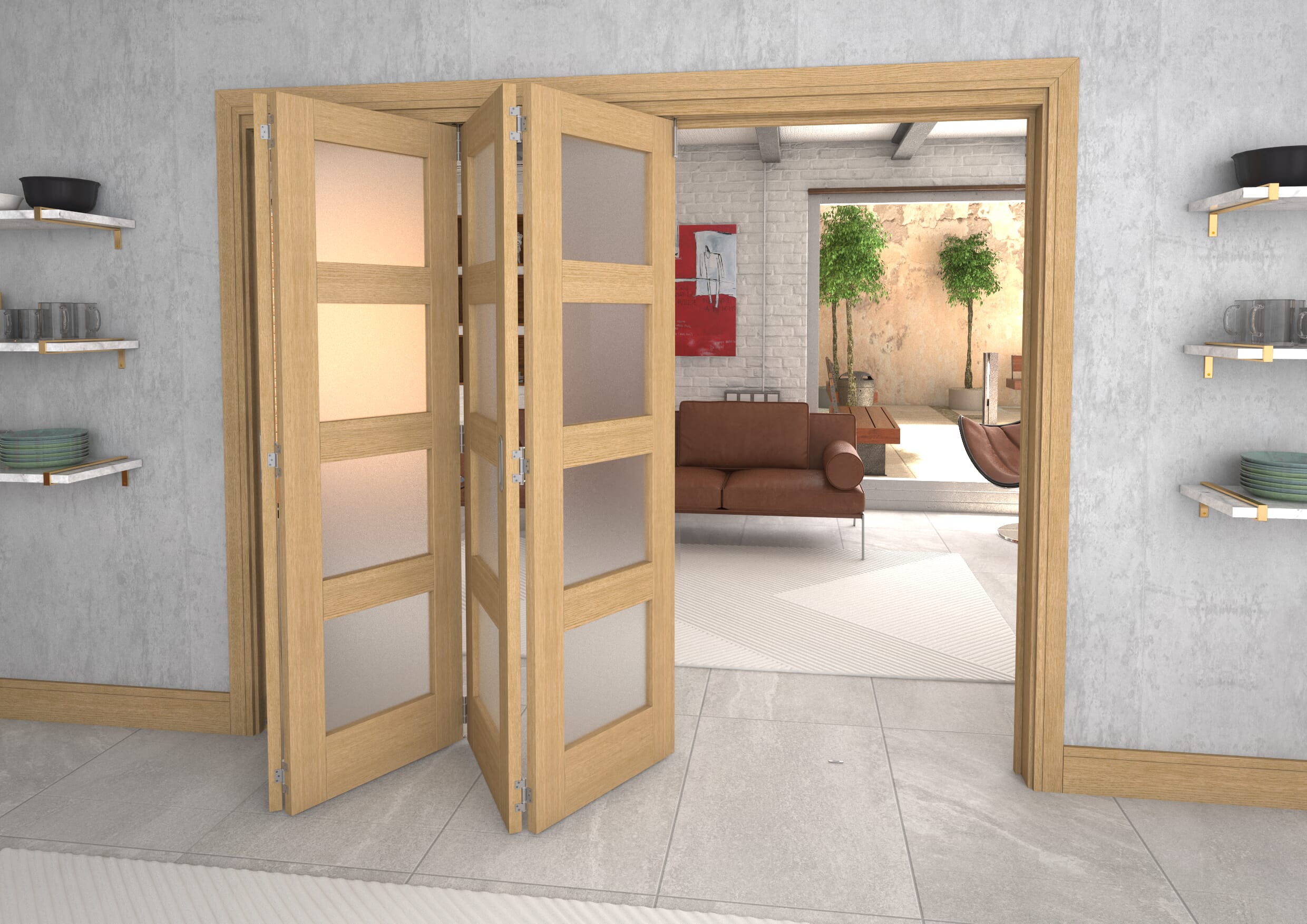 2521x2060x133mm Oak 4L Frosted Roomfold Grande (4+0)