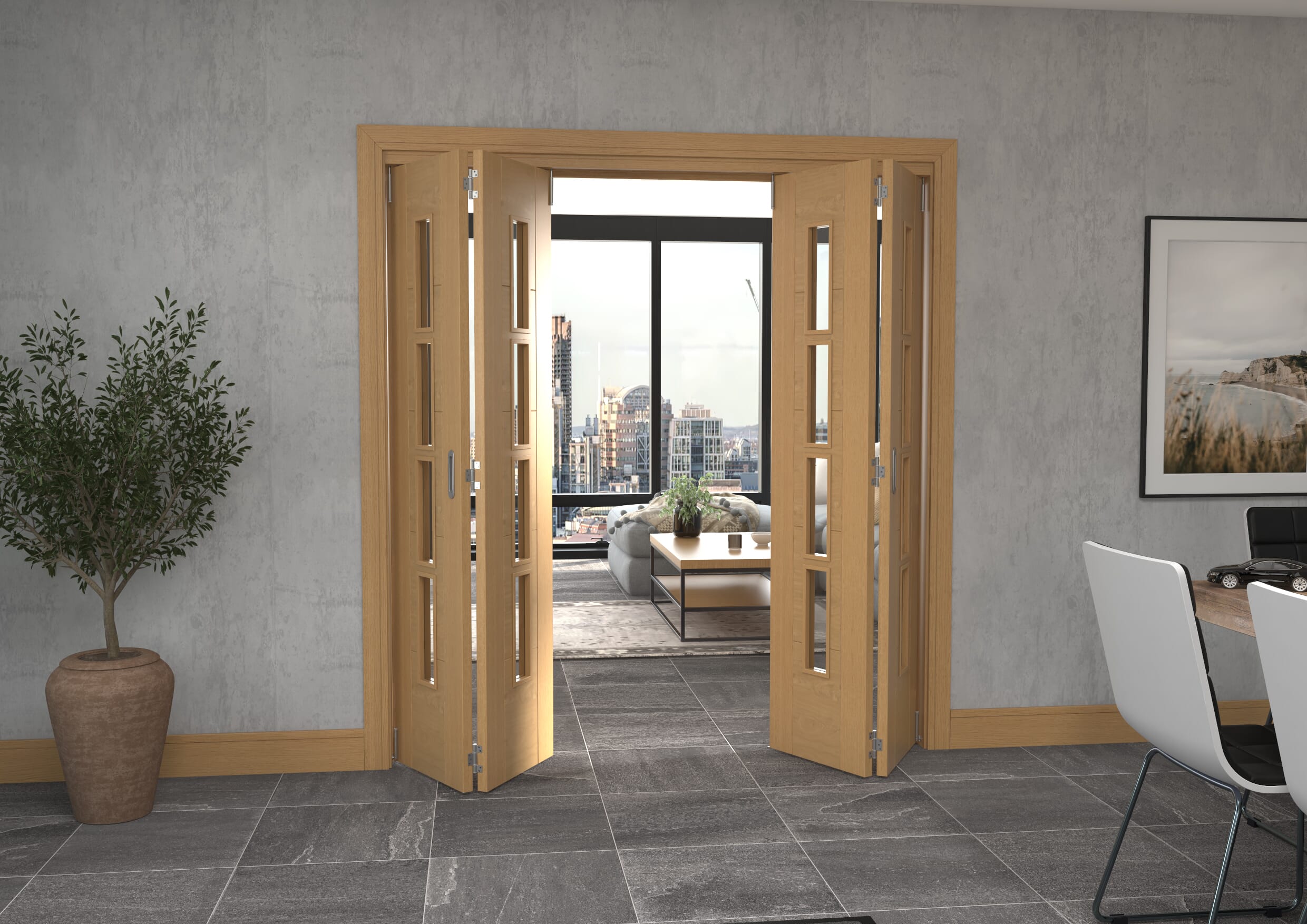 Iseo Oak 4 Light Clear 4 Door Roomfold Grande (2 + 2 x 457mm Doors)