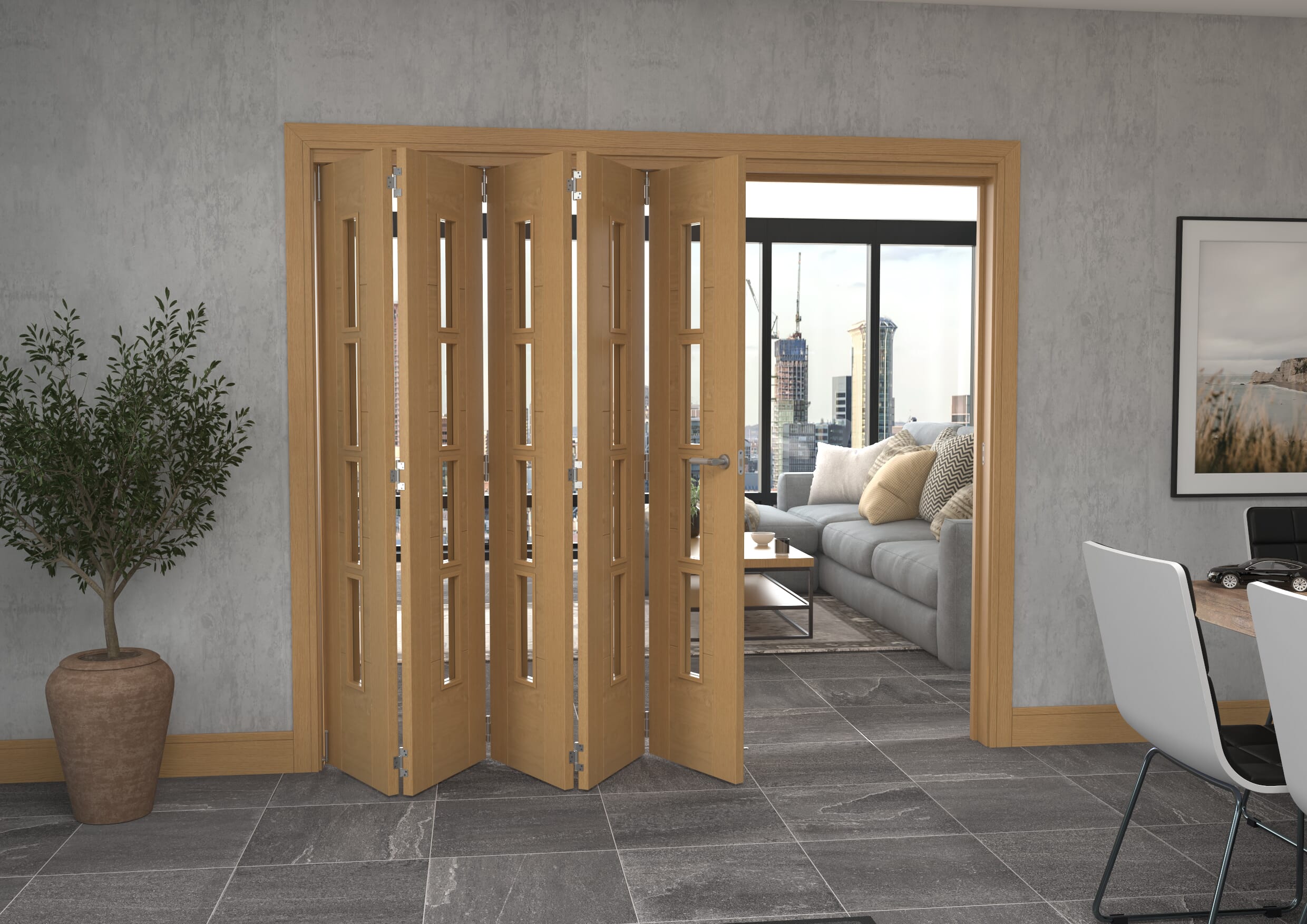 Iseo Oak 4 Light Clear 5 Door Roomfold Grande (5 + 0 x 457mm Doors)