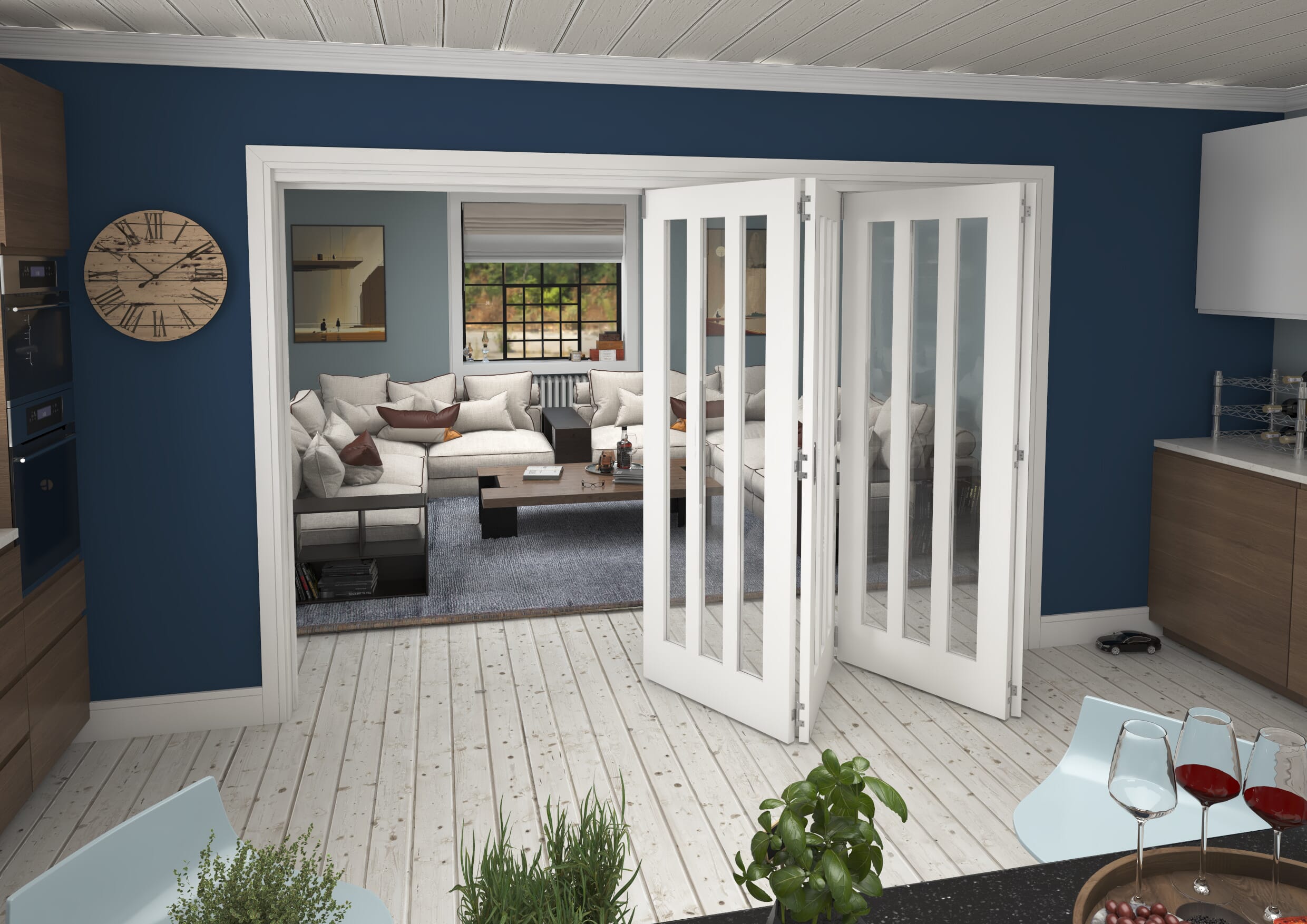3129x2060x133mm Aston Clear Glazed White Roomfold Grande (4+0)