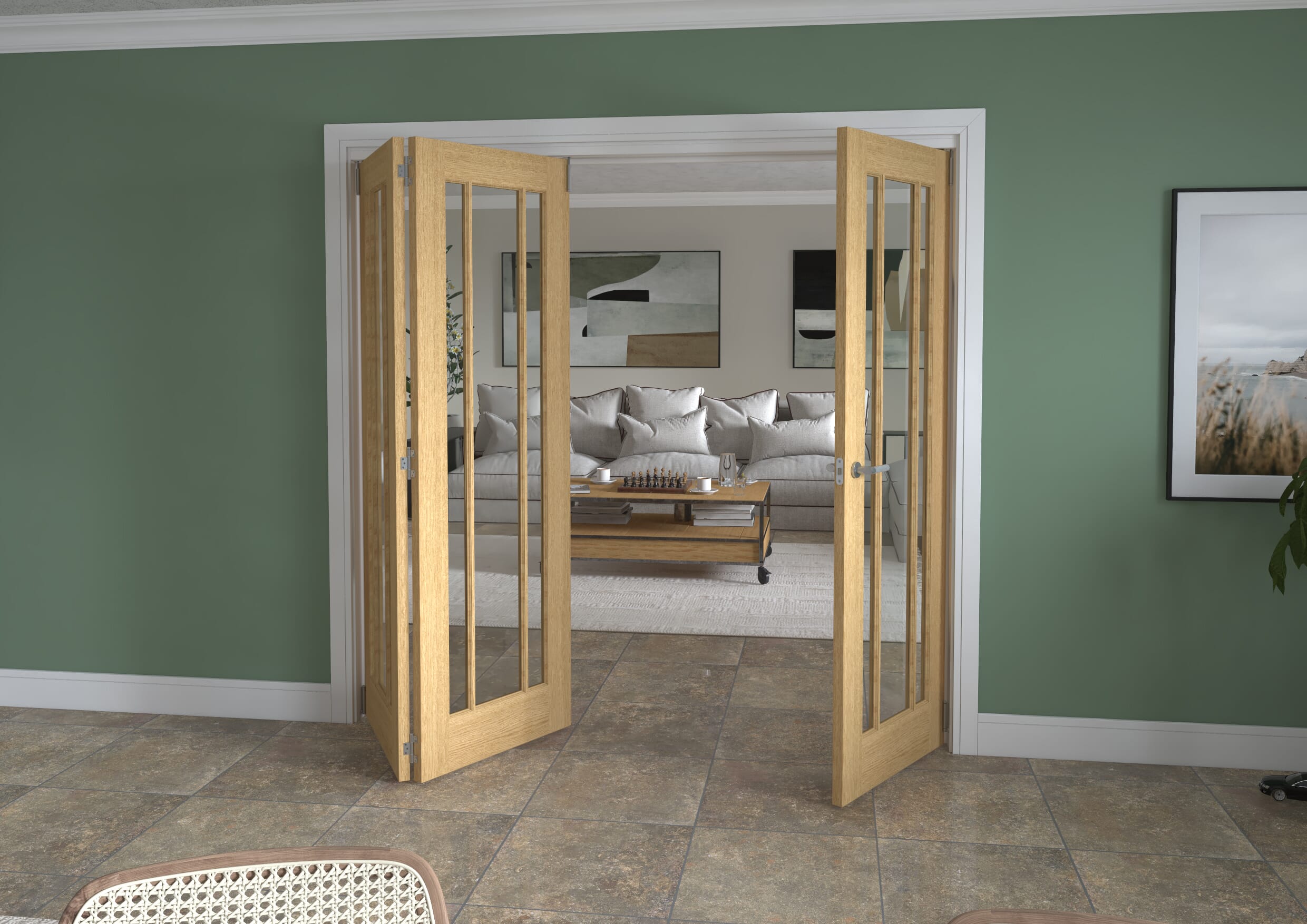 2143x2060x133mm Lincoln Clear Glazed Oak Roomfold Grande (2+1)