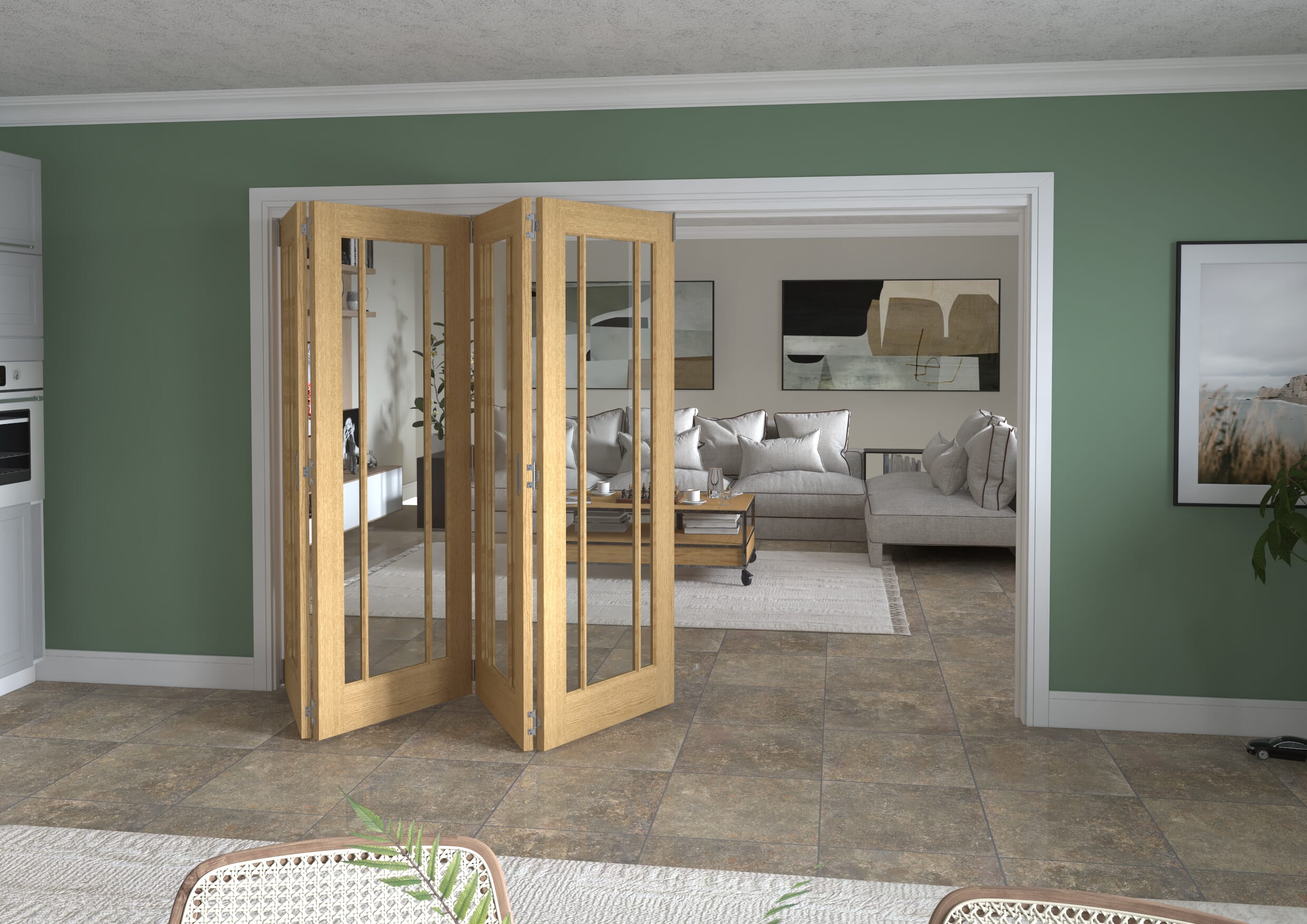3129x2060x133mm Lincoln Clear Glazed Oak Roomfold Grande (4+0)