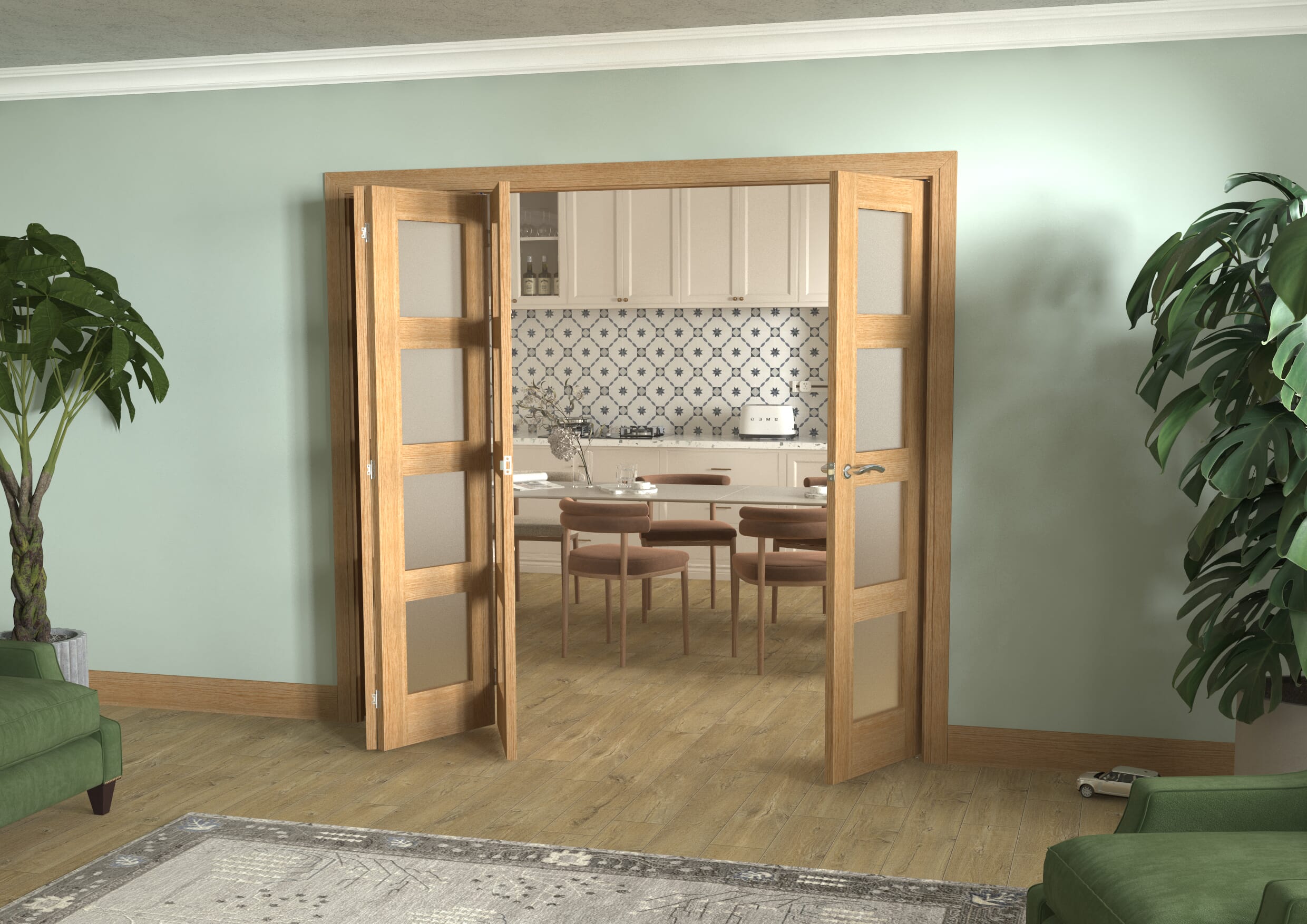 Frosted Glazed Oak 4 Light 4 Door Roomfold (4 x 1