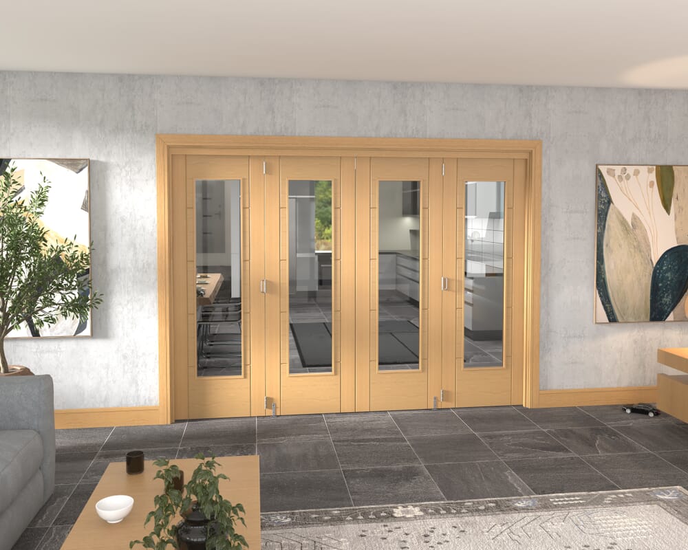 Iseo Oak Pattern 10 Clear 4 Door Roomfold Grande (2 + 2 x 686mm Doors)