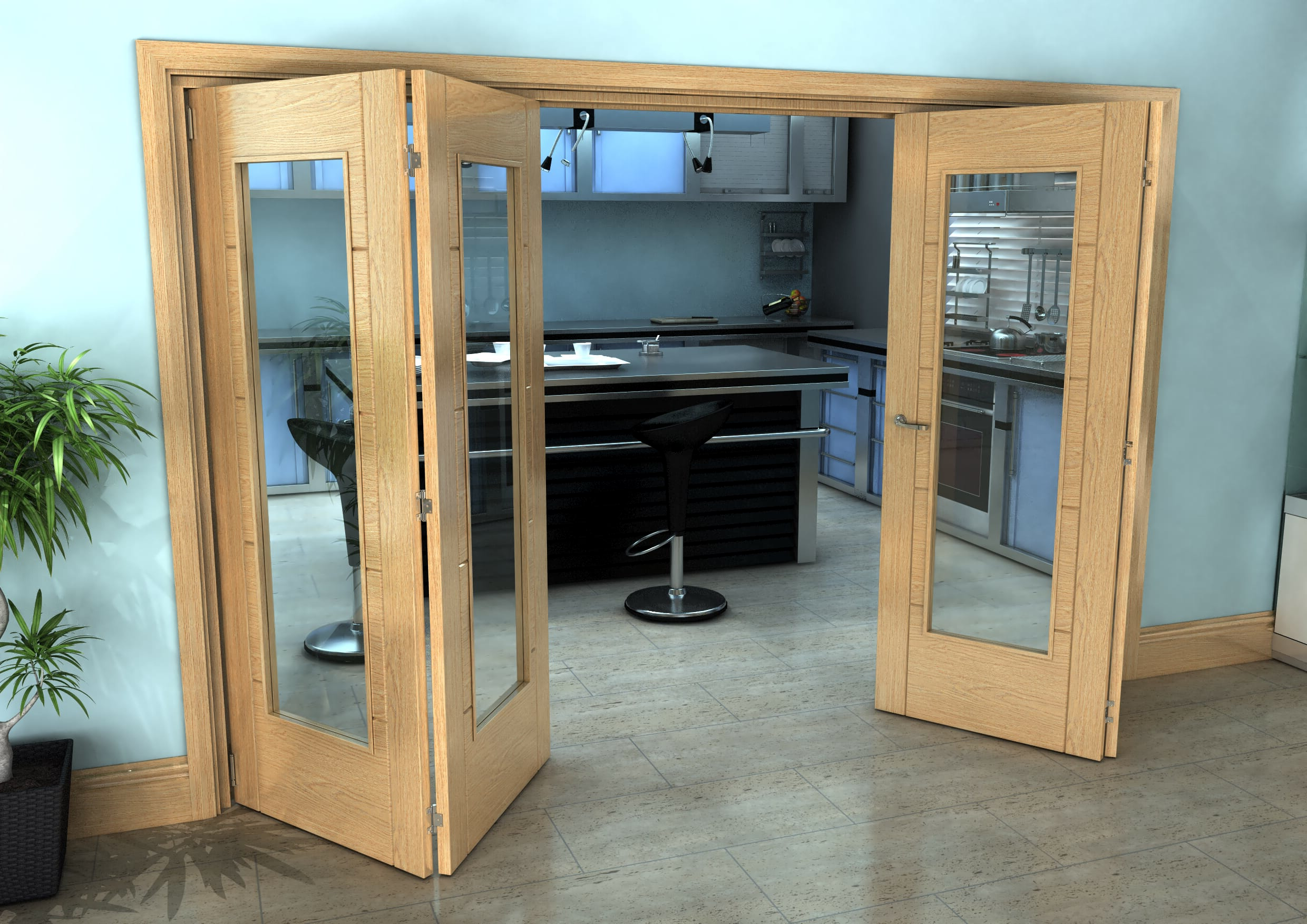 Iseo Oak Pattern 10 Clear 4 Door Roomfold Grande (2 + 2 X 762mm Doors) Bifold Doors At Climadoor