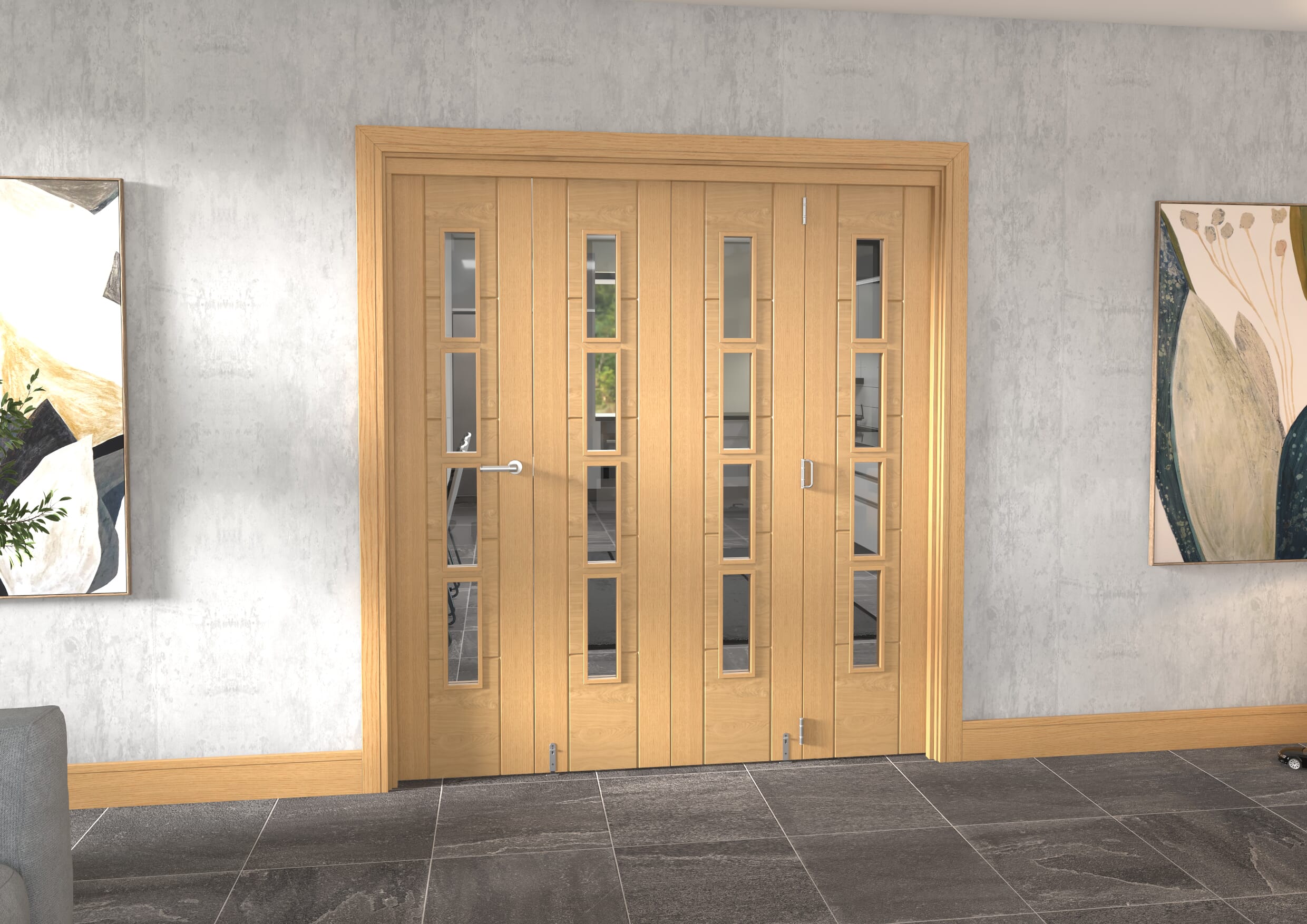 Iseo Oak 4 Light Clear 4 Door Roomfold Grande (3 + 1 X 457mm Doors) Image
