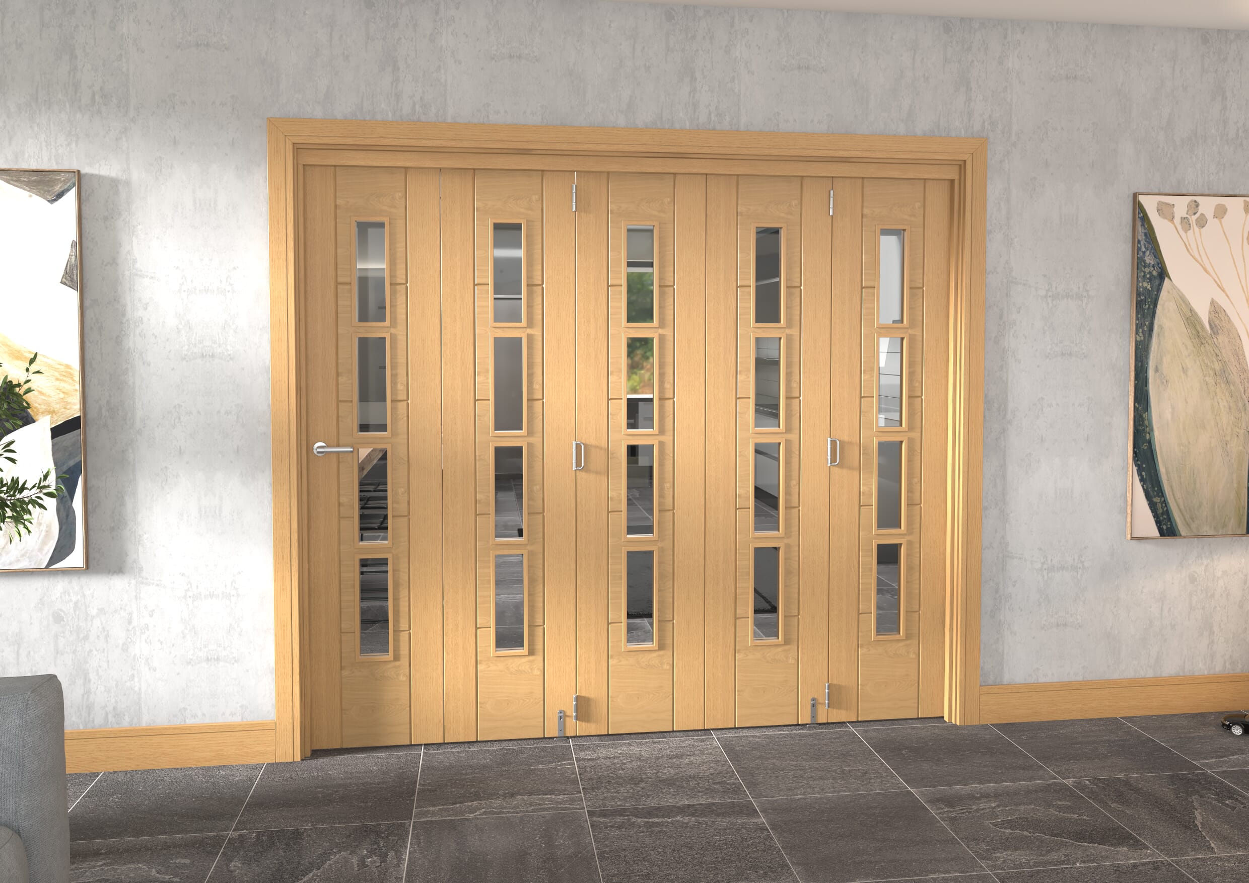 Iseo Oak 4 Light Clear 5 Door Roomfold Grande (5 + 0 X 457mm Doors) Image