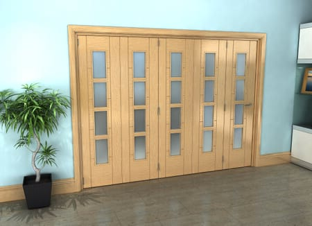 Iseo Oak 4 Light Frosted 5 Door Roomfold Grande (5 + 0 x 457mm Doors)