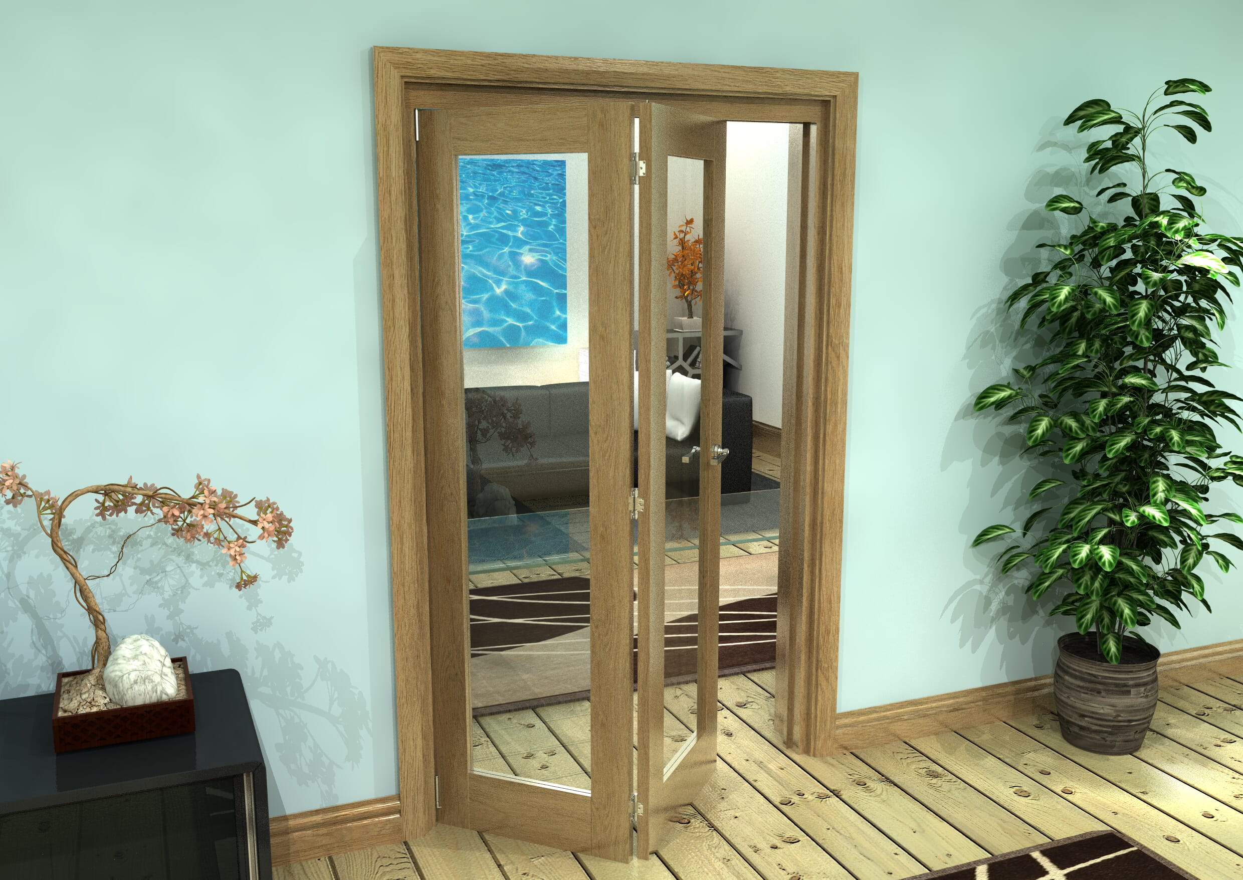 Glazed Oak Prefinished 2 Door Roomfold Grande (2 + 0 x 573mm Doors)