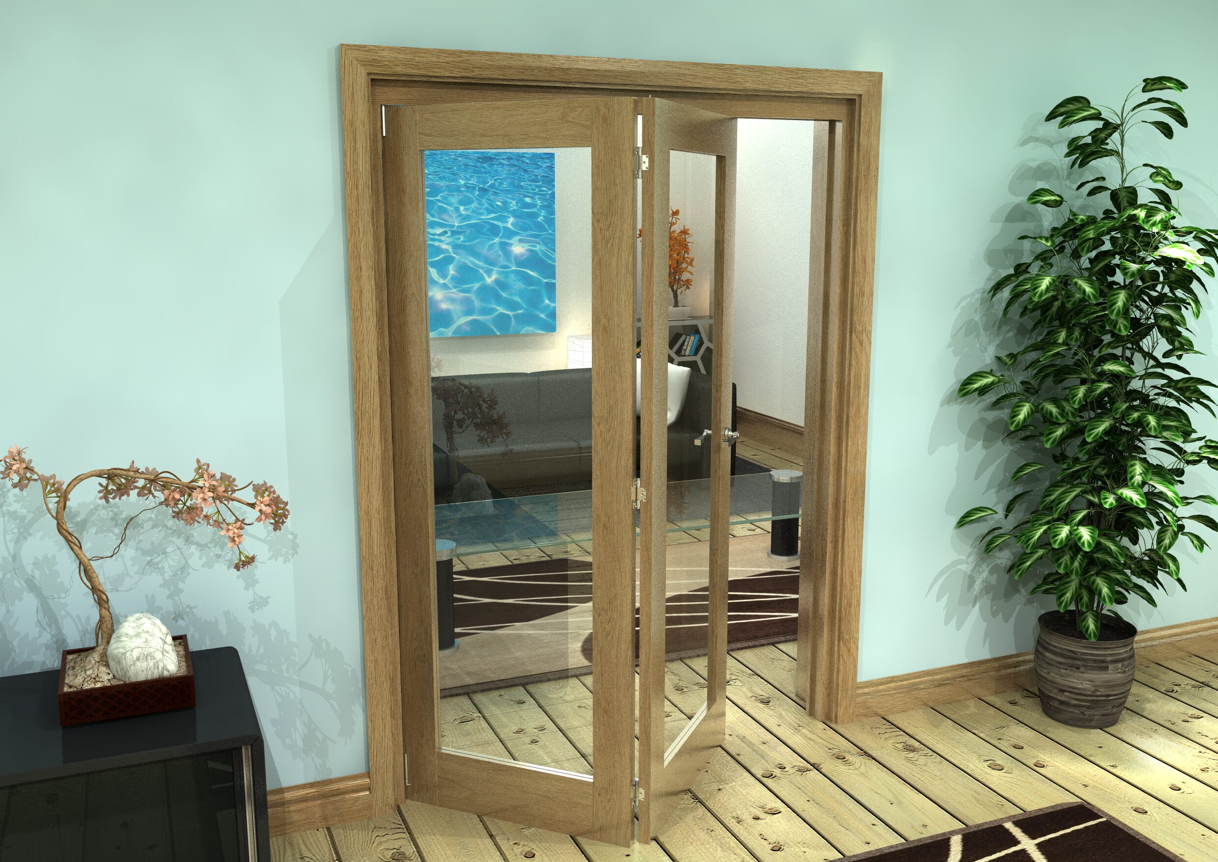Glazed Oak Prefinished 2 Door Roomfold Grande (2 + 0 x 686mm Doors)
