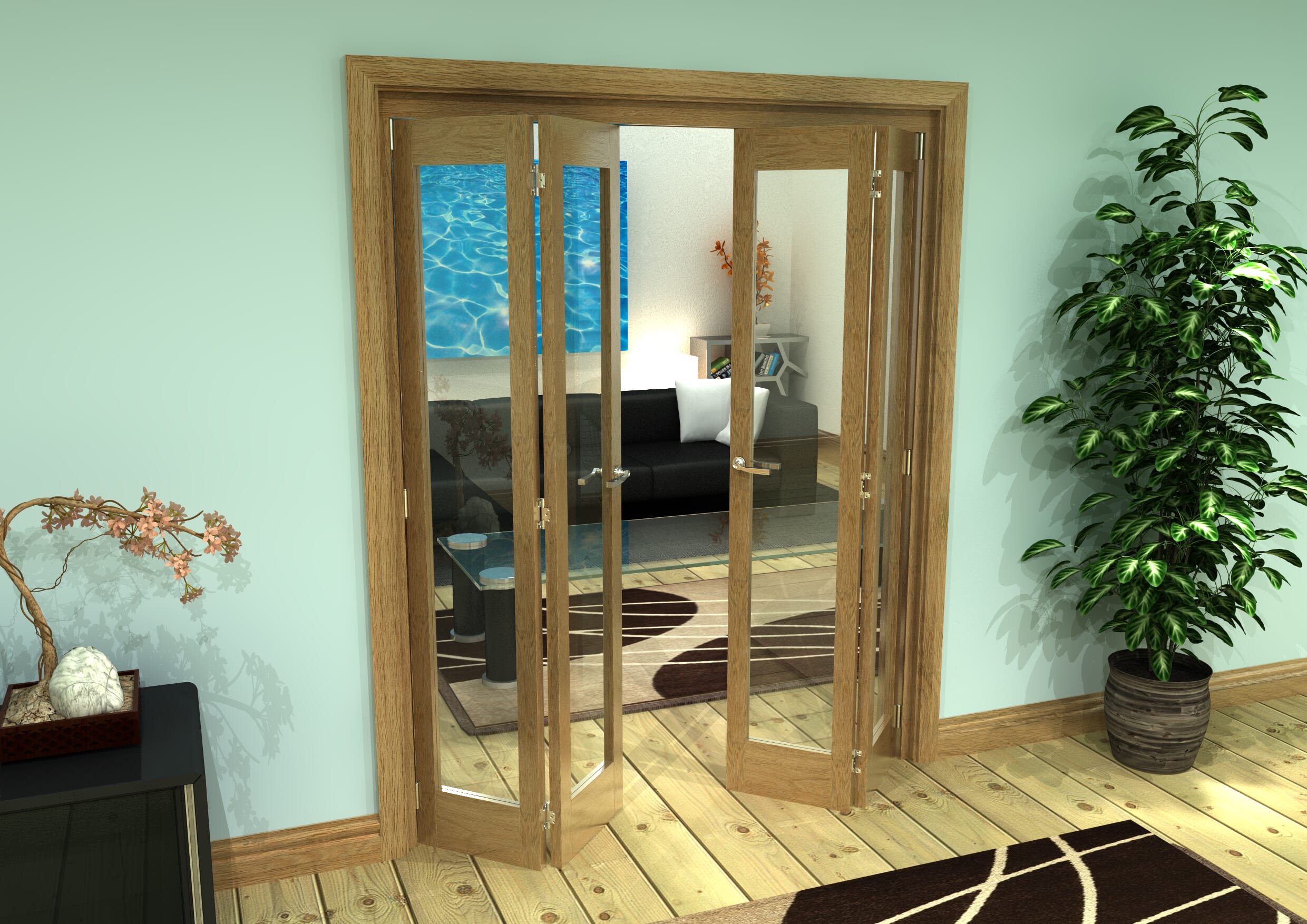 Glazed Oak Prefinished 4 Door Roomfold Grande (2 + 2 x 381mm Doors)